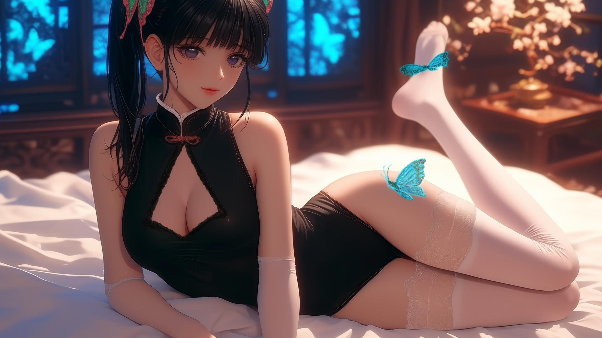 Kanao Tsuyuri resting in a modern hotel room, warm light highlighting her figure and legs.