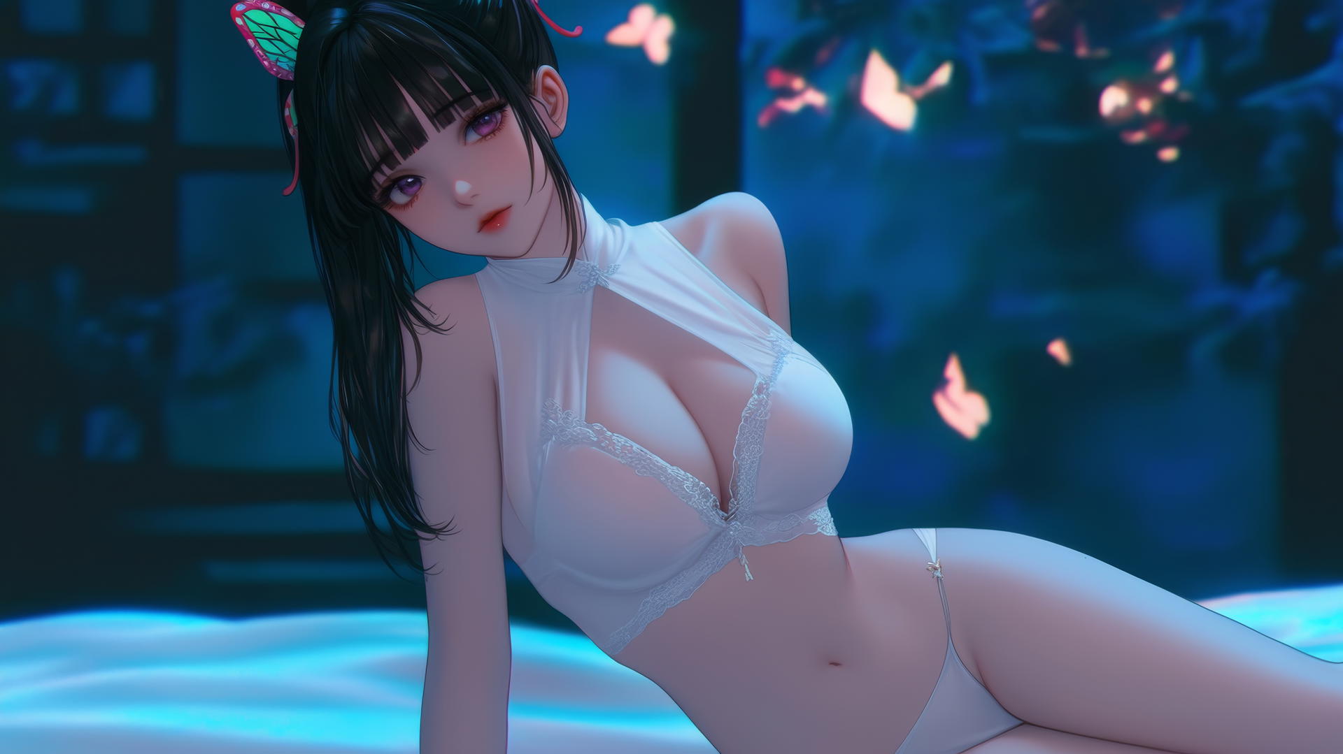 Kanao Tsuyuri from Demon Slayer kneeling, viewed from below, warm light highlighting her.