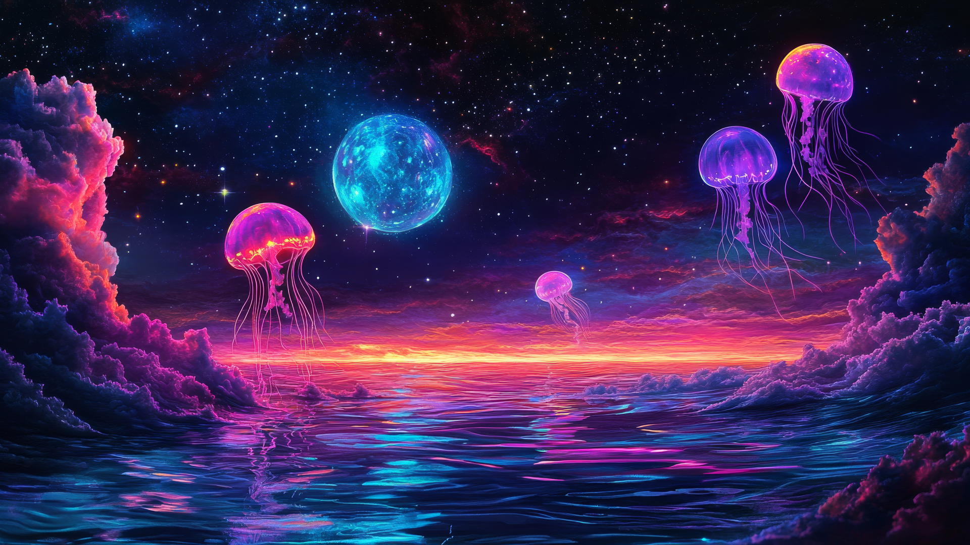 y2k star wallpaper with digital ocean, pixelated waves, neon jellyfish, and starry sky