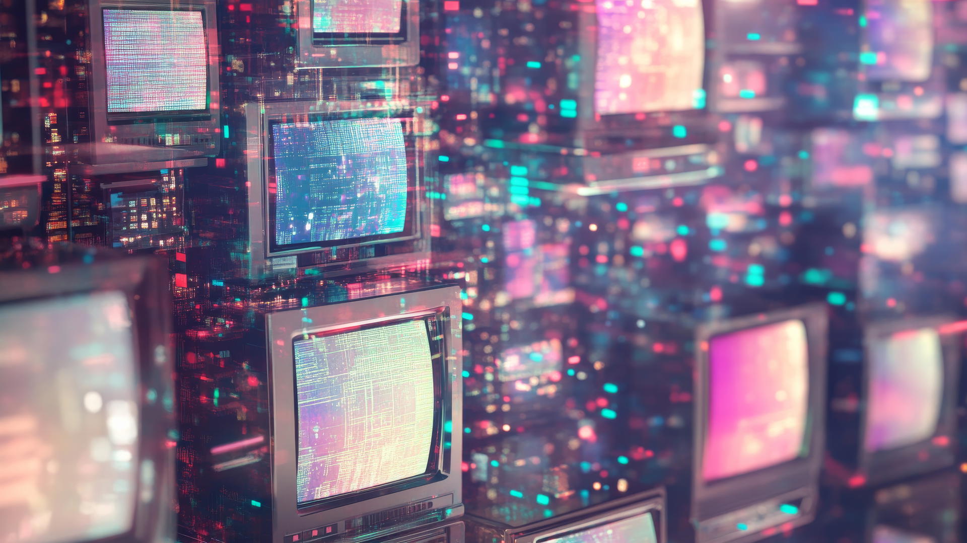 Y2K aesthetic wallpaper with retro computer icons and software windows on holographic background