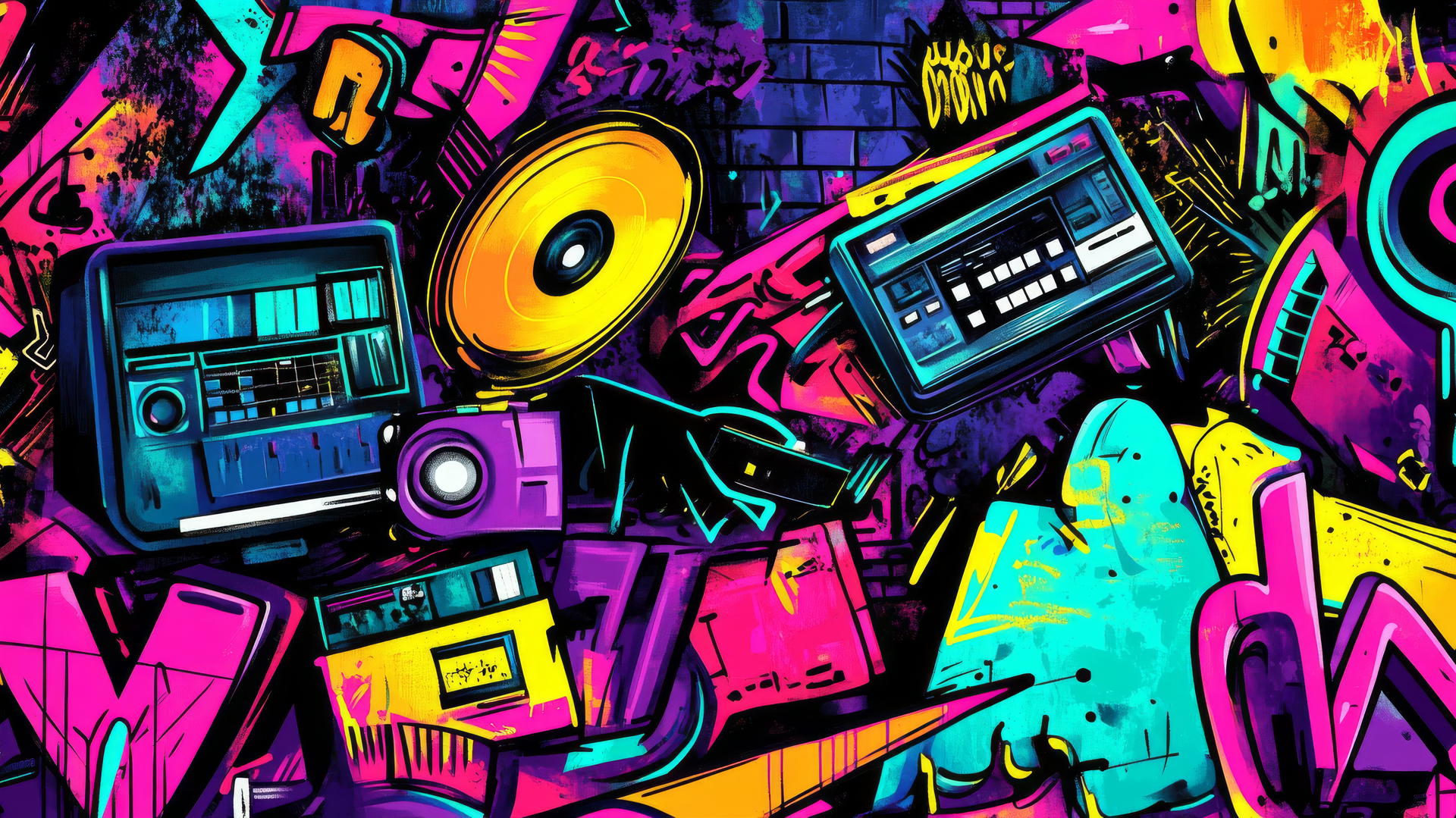 Y2K wallpaper with digital pop art elements and neon graffiti text