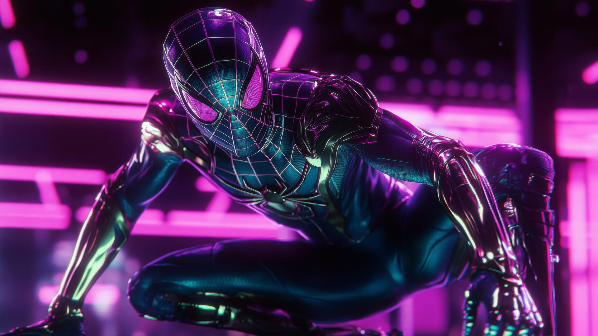 Spider-Man in 1980s retro-futuristic style with neon grid background, spider man wallpaper aesthetic