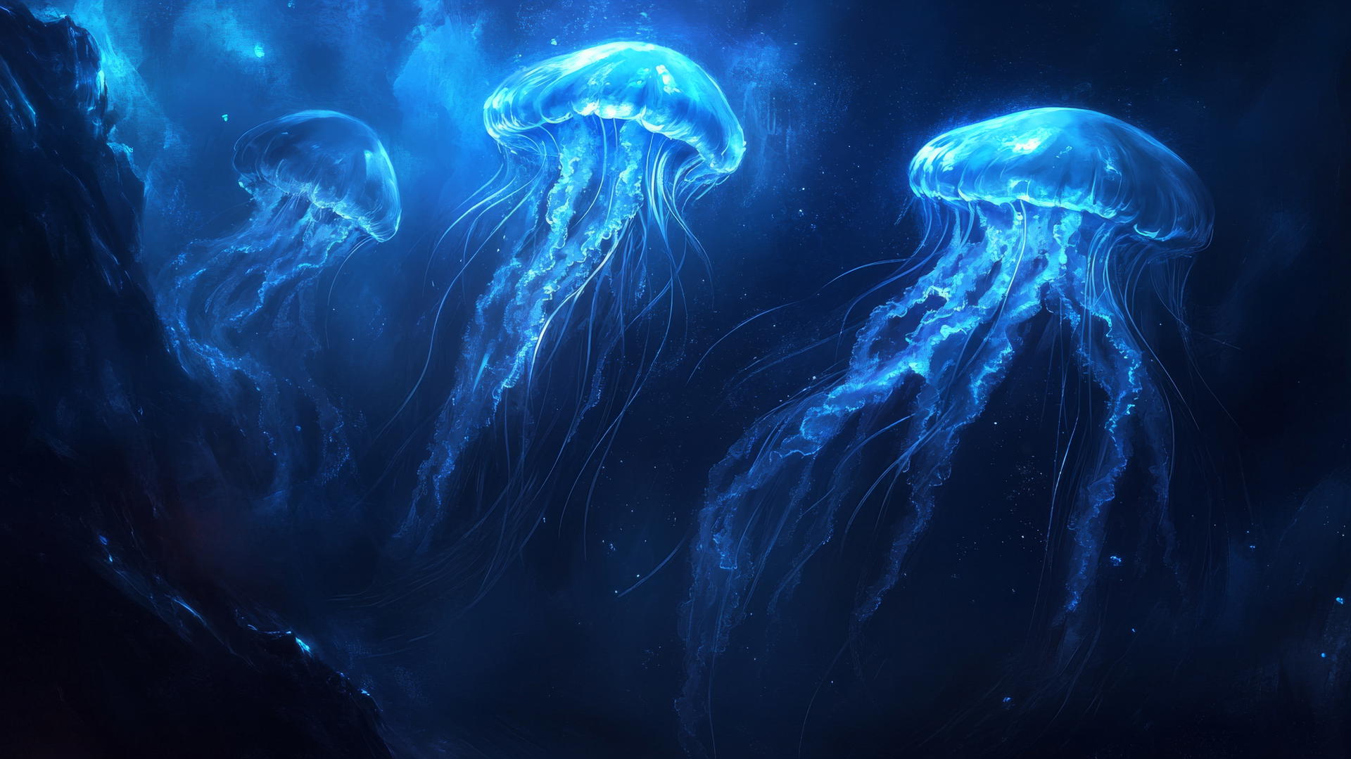 Surreal underwater scene with glowing jellyfish in soft blues, creating a blue wallpaper aesthetic