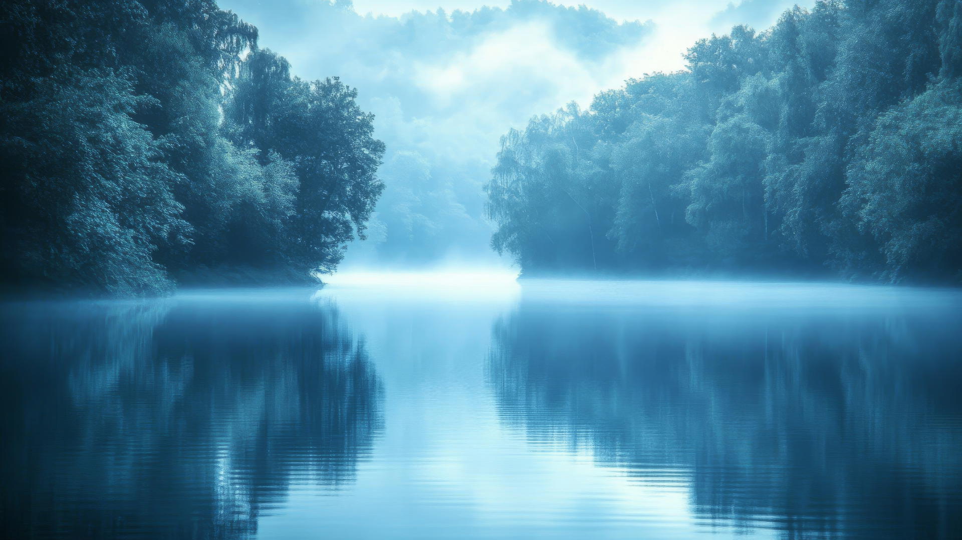 wallpaper blue tranquil blue lakescape at dawn with mist rising