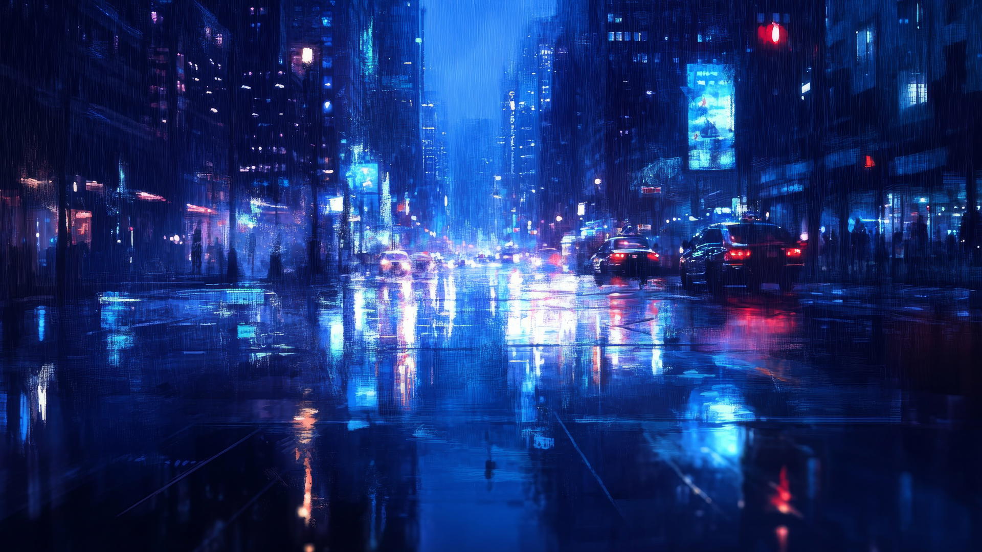 wallpaper blue of rainy city street with reflections on wet pavement