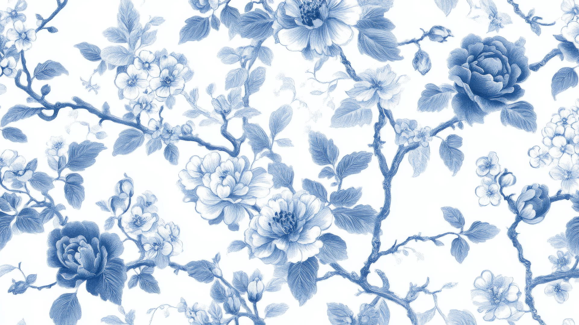 Blue and white wallpaper with delicate floral pattern