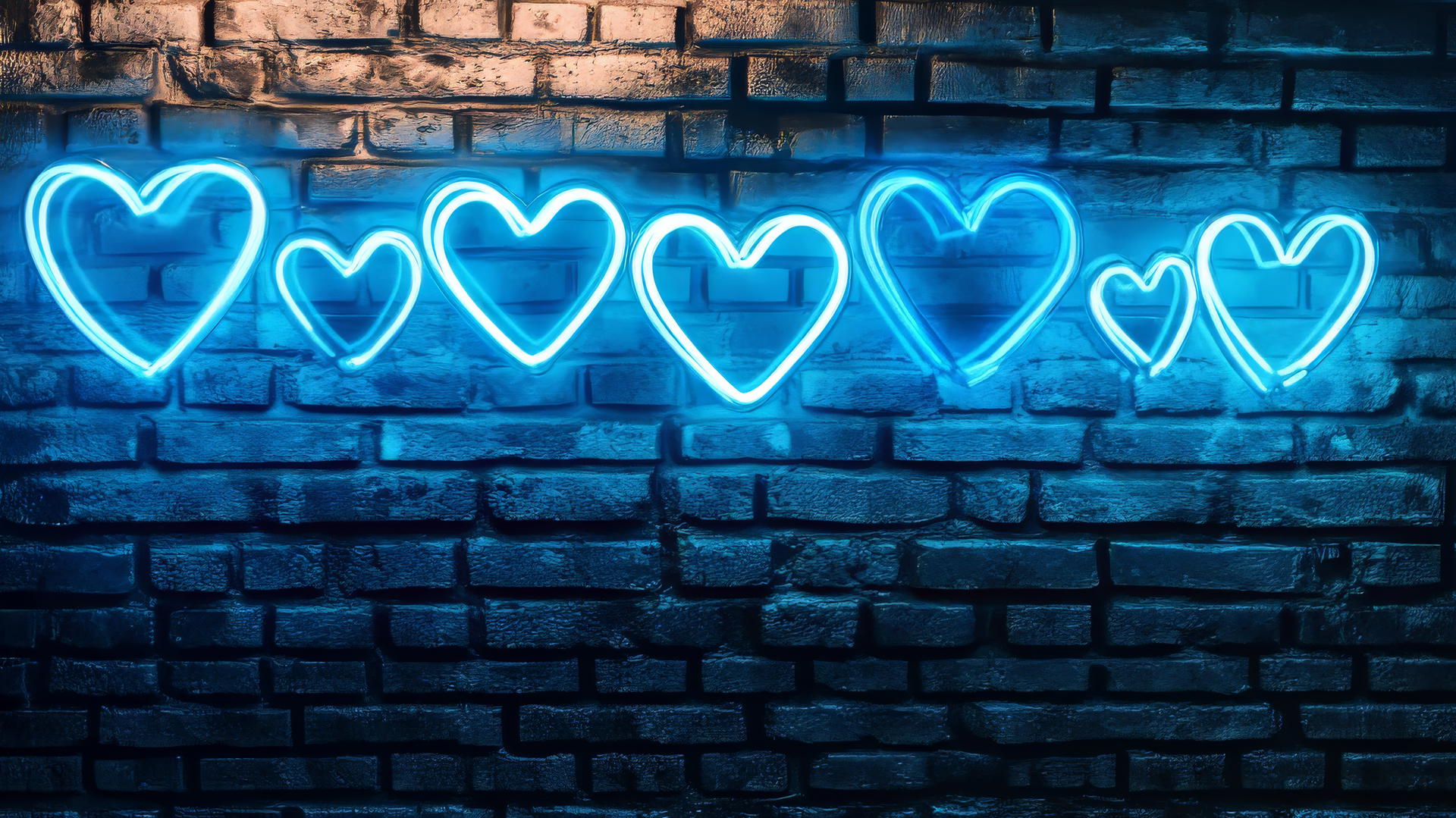 neon blue heart signs on a brick wall