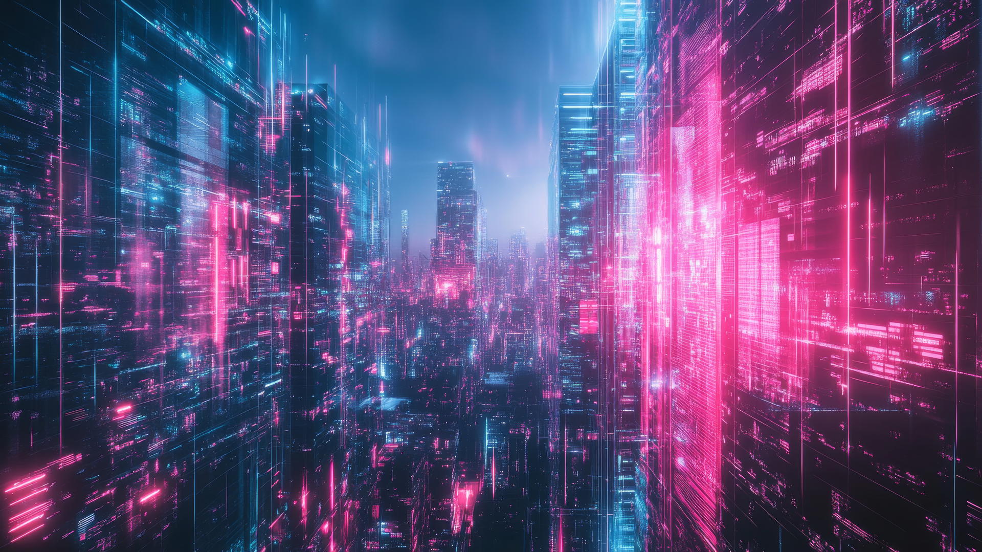 pink and blue wallpaper with a modern cityscape, neon lights, and glass buildings