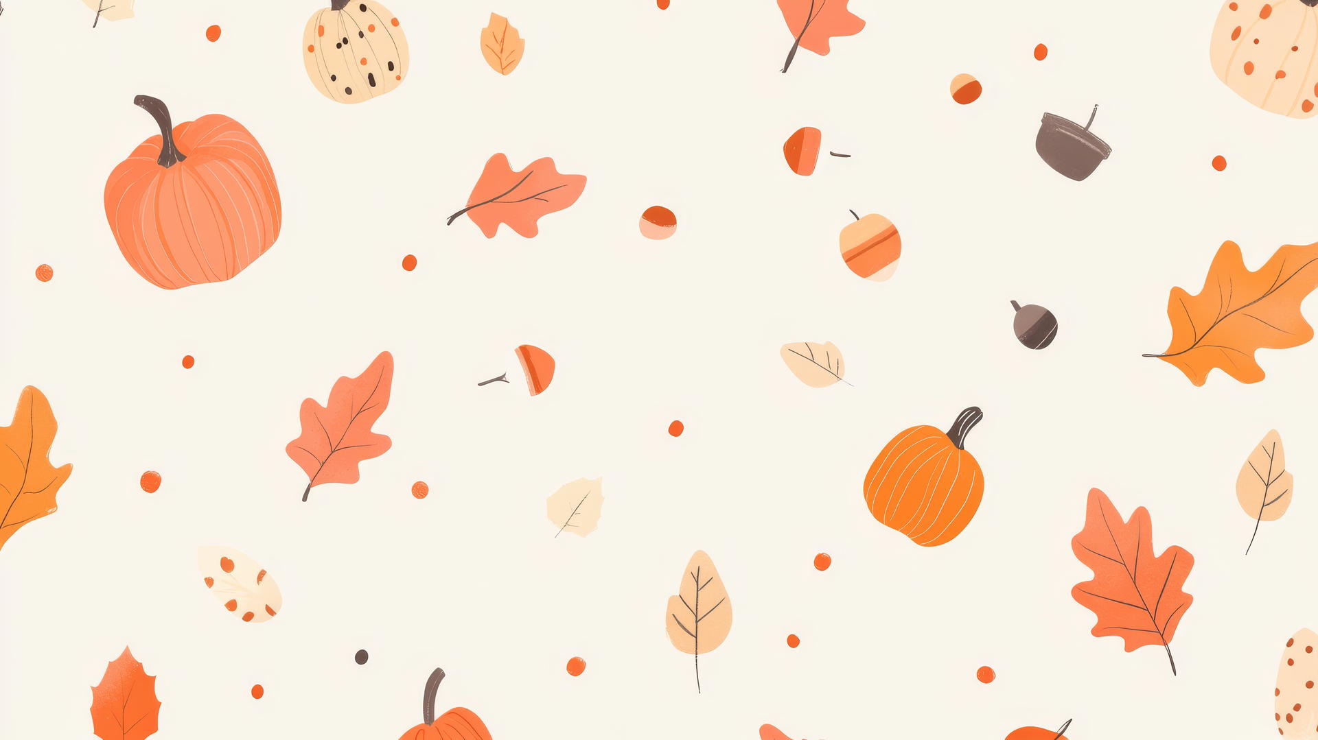 thanksgiving wallpaper with hand-drawn autumn leaves, pumpkins, and acorns on a cream background