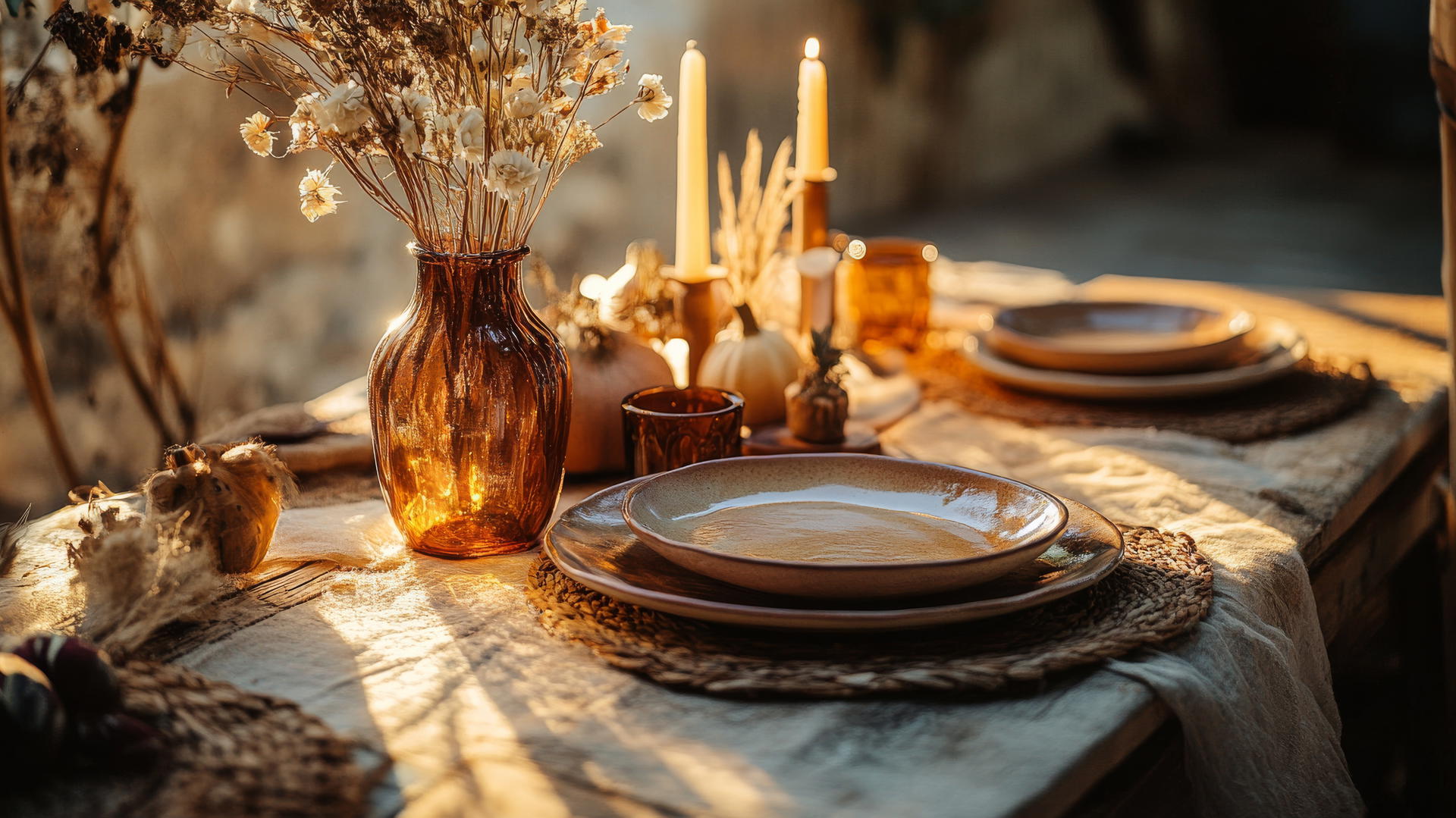 thanksgiving wallpaper aesthetic with rustic table setting, ceramic plates, and amber candles