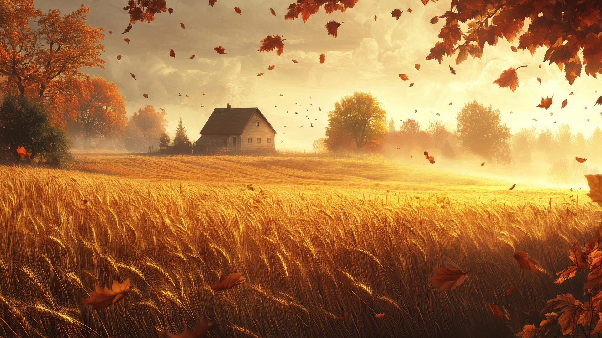 aesthetic thanksgiving wallpaper with misty autumn morning, small farmhouse