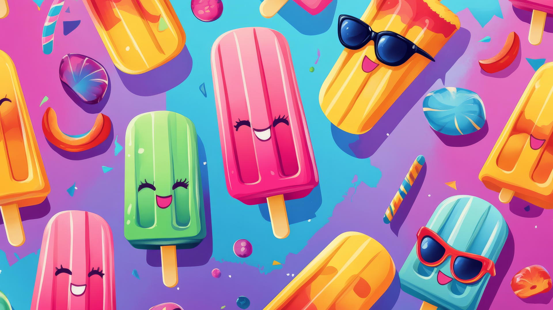 cute summer wallpaper with cartoon popsicles, smiling faces, and sunglasses under the sun