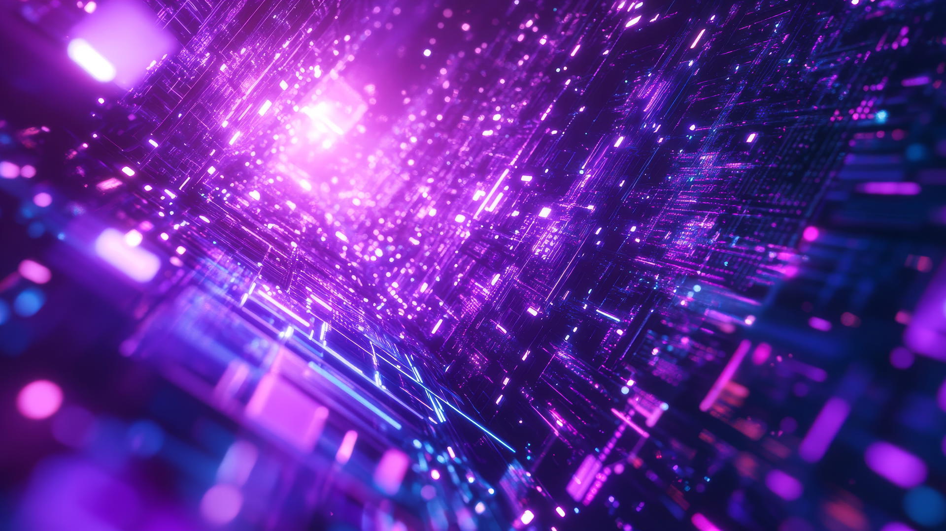futuristic purple aesthetic wallpaper 4k with holographic shapes, neon grids, and glitch effects