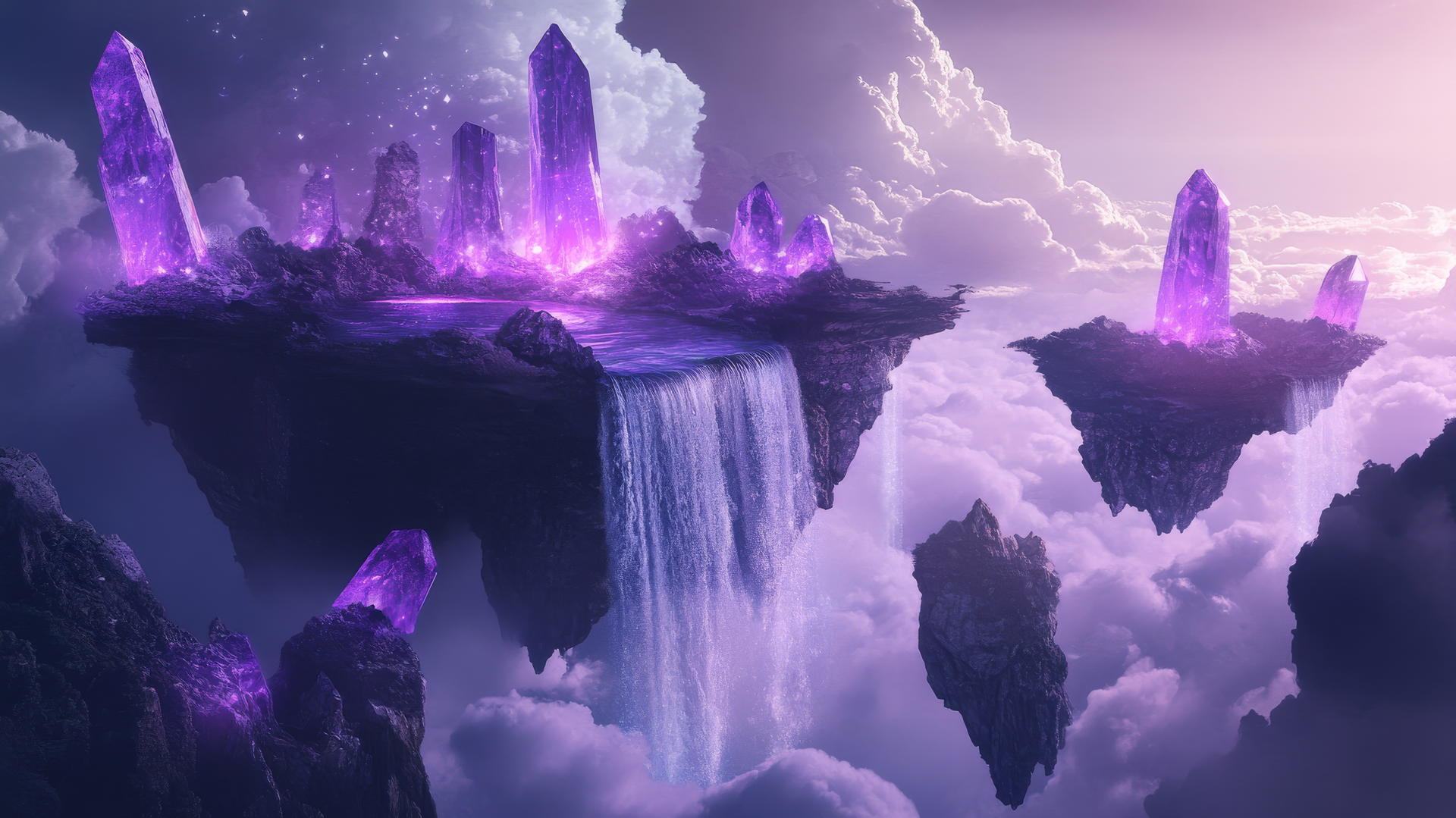 aesthetic purple wallpaper with a floating island, waterfalls, and glowing crystals