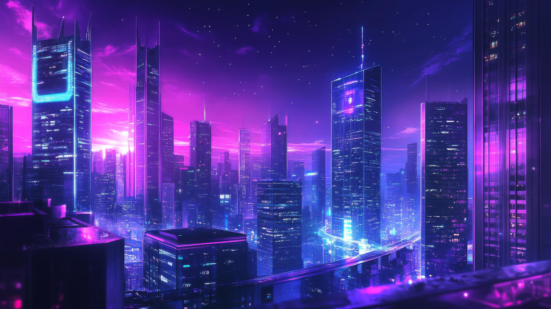 wallpaper purple 4k, neon-lit futuristic cityscape at night with skyscrapers