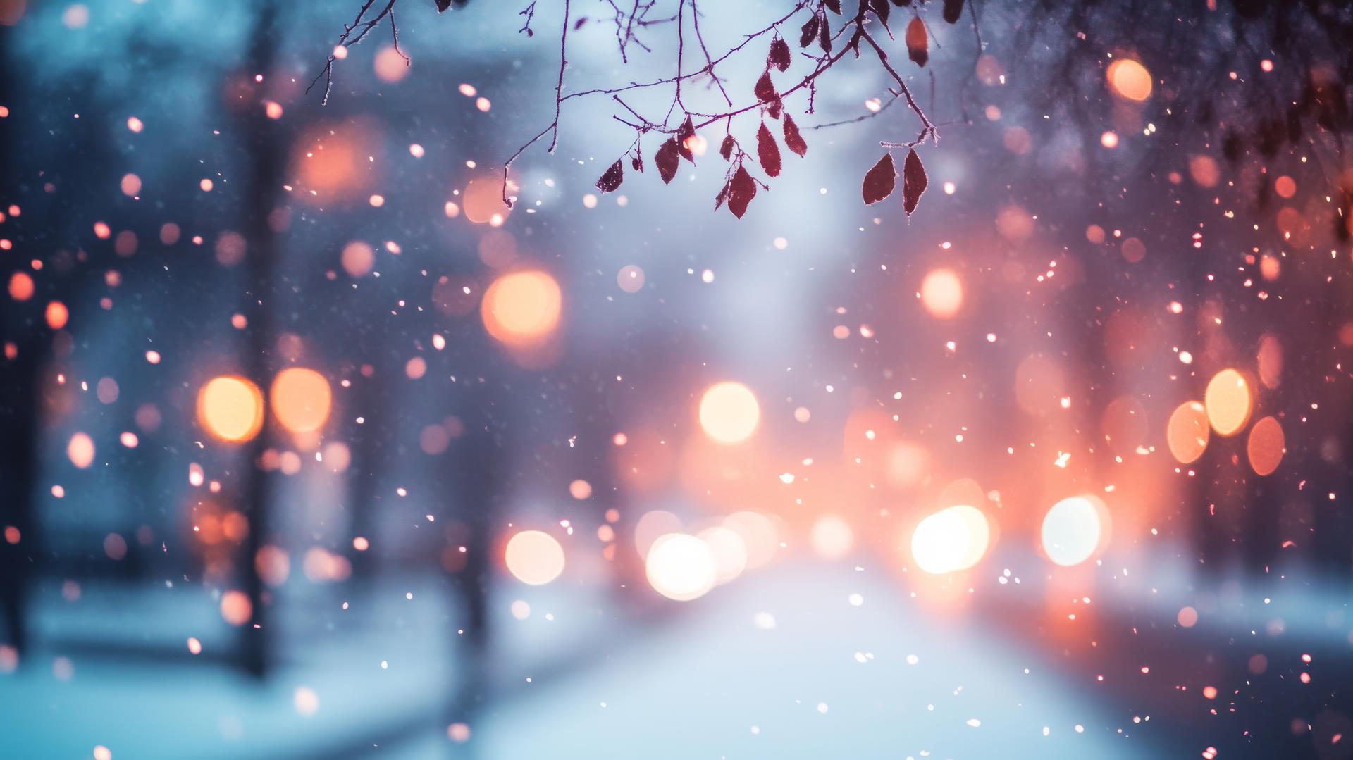 Winter aesthetic wallpaper with soft focus, bokeh, snowy city lights.