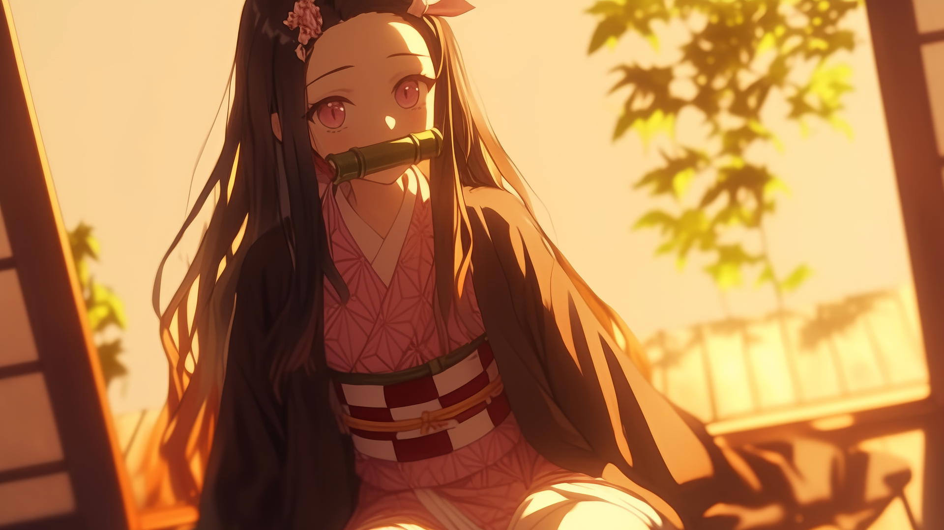 demon slayer wallpaper, demon slayer wallpaper nezuko, Nezuko from Demon Slayer sitting in a sunny apartment