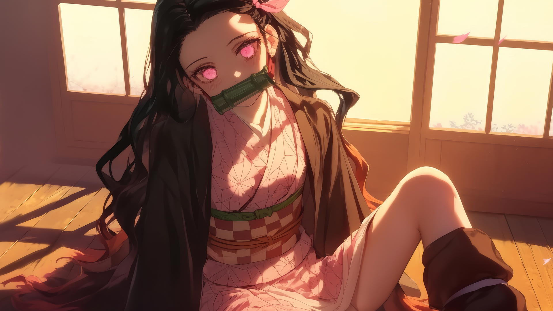 demon slayer wallpaper, Nezuko sitting in sunny apartment with warm light