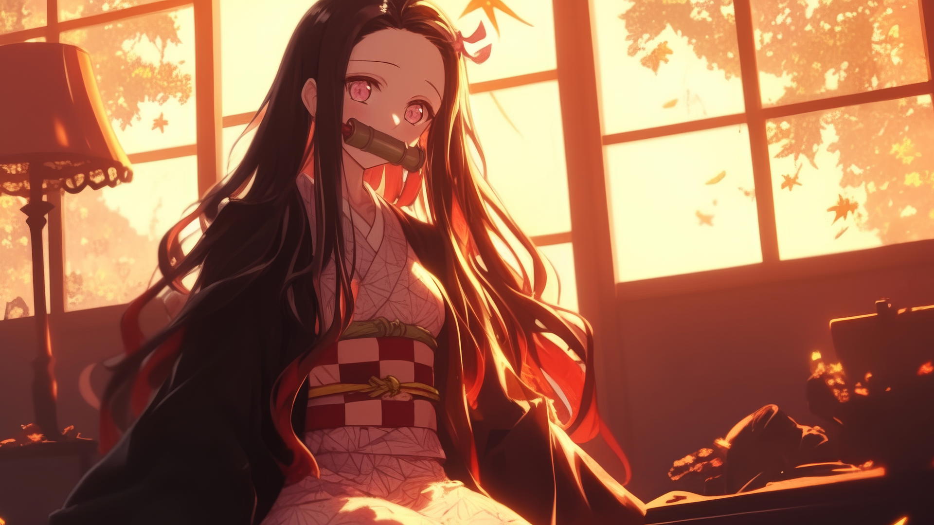 Nezuko from Demon Slayer sits in a sunny apartment with warm light