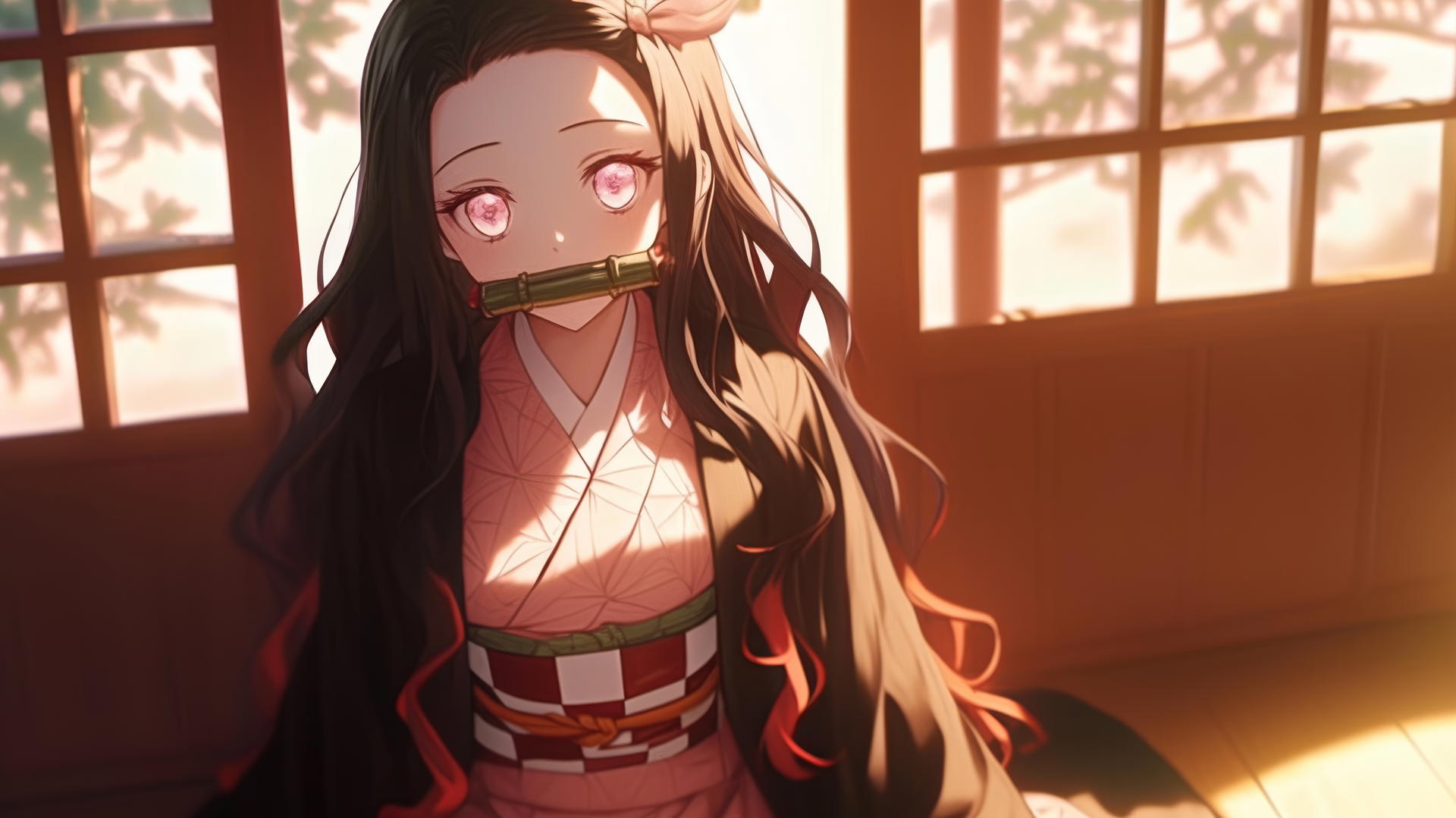 demon slayer wallpaper featuring Nezuko sitting in a sunny apartment with warm light