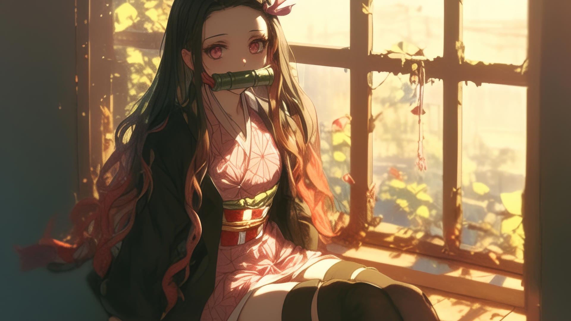 nezuko from Demon Slayer sitting in sunny apartment, warm light