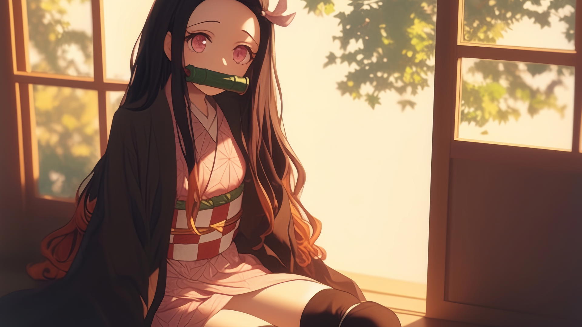 Nezuko from Demon Slayer, leisurely sitting at sunny apartment, warm light casting a soft glow.