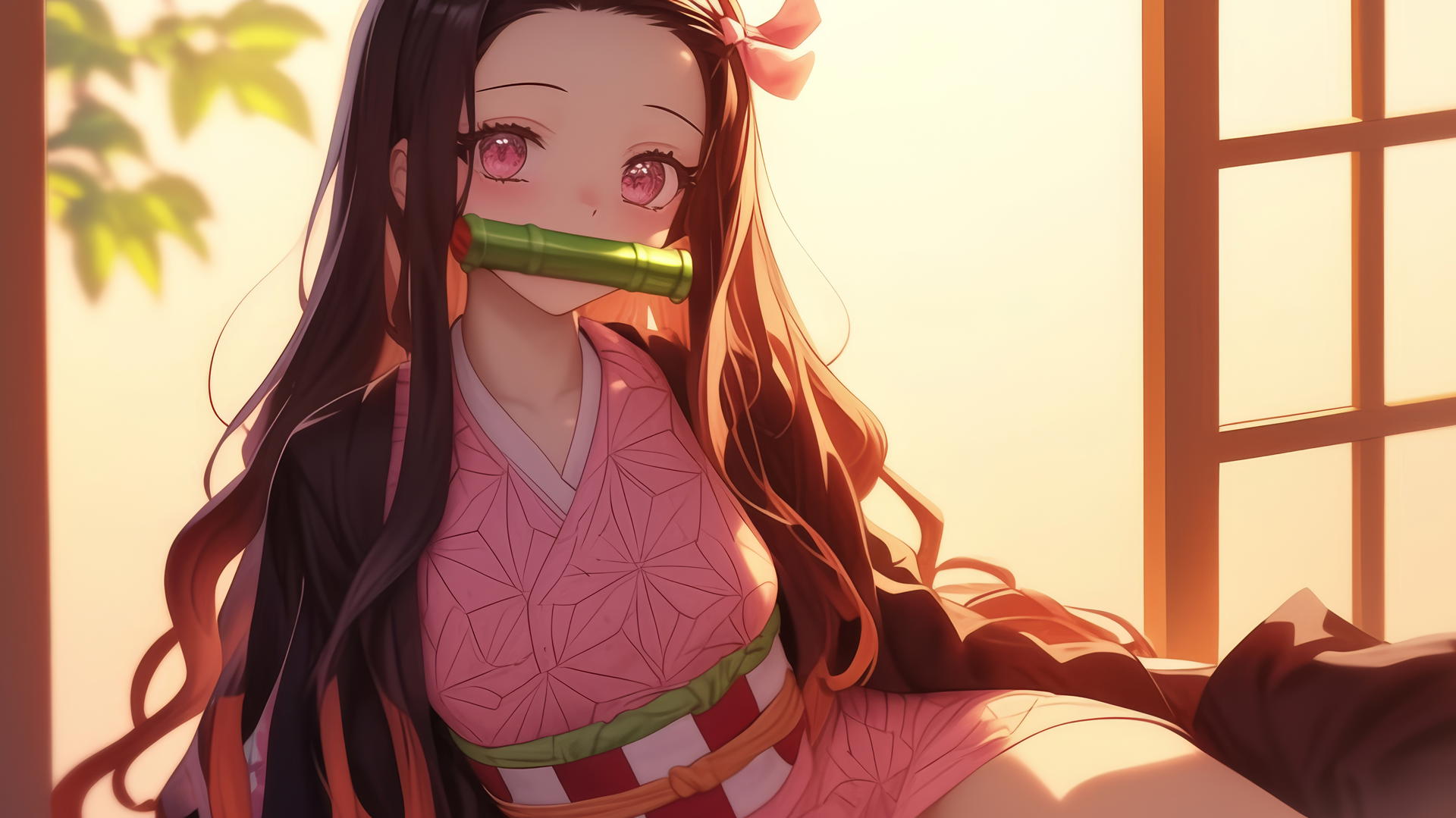 demon slayer wallpaper with Nezuko sitting in a sunny apartment, warm light glow