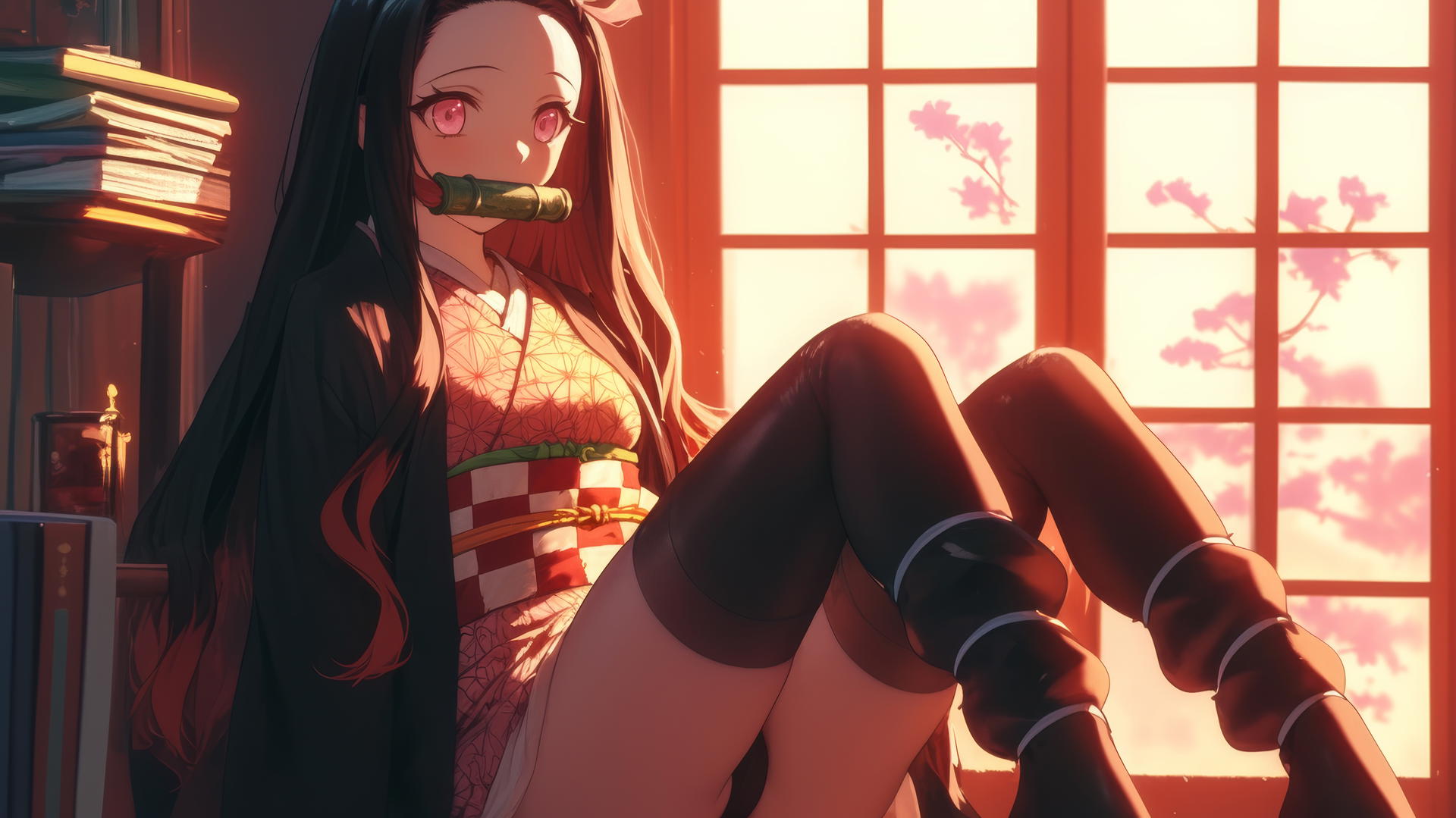 Nezuko from Demon Slayer sitting in a sunny apartment, warm glow around her