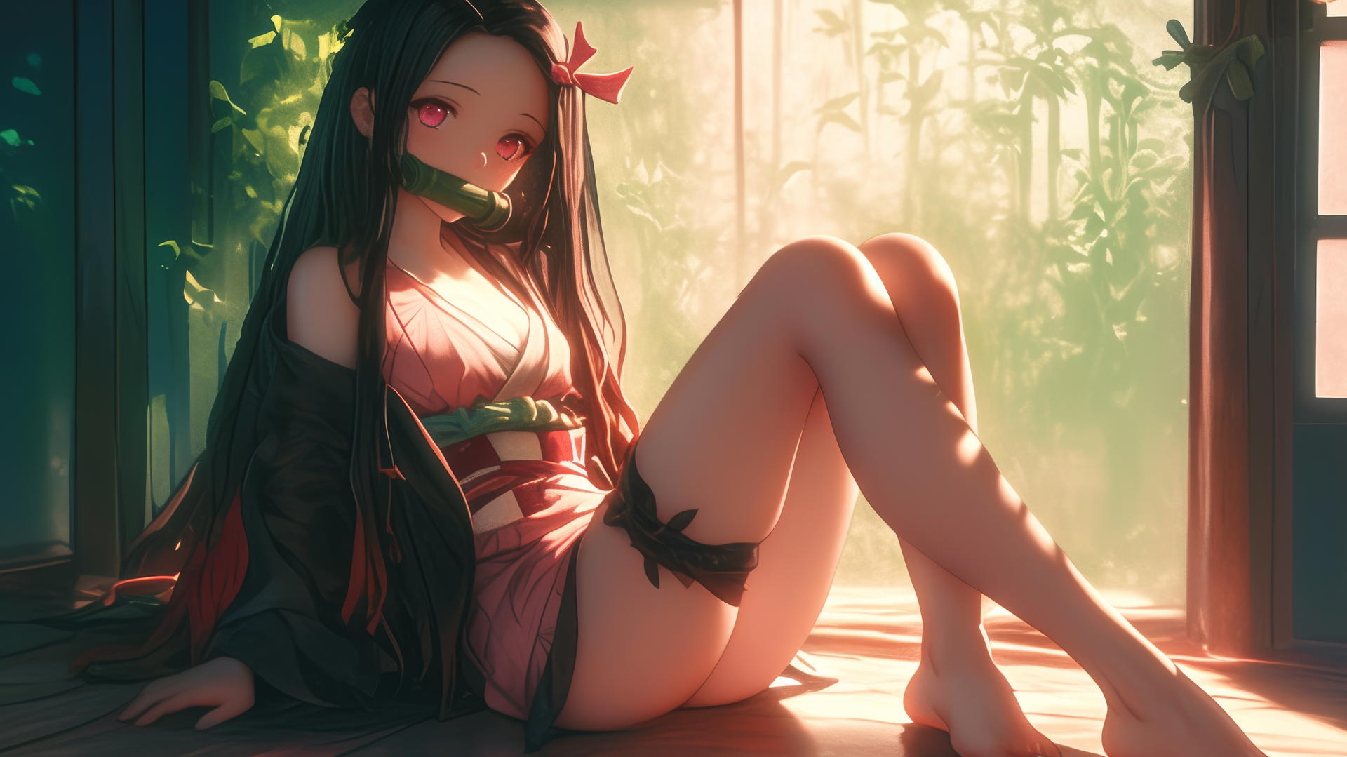 Nezuko from Demon Slayer sitting in sunny apartment, warm light glowing - demon slayer wallpaper