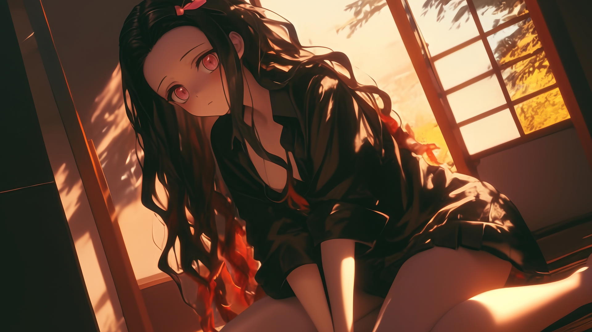 Nezuko from Demon Slayer in an office shirt, kneeling in a modern hotel room with warm light