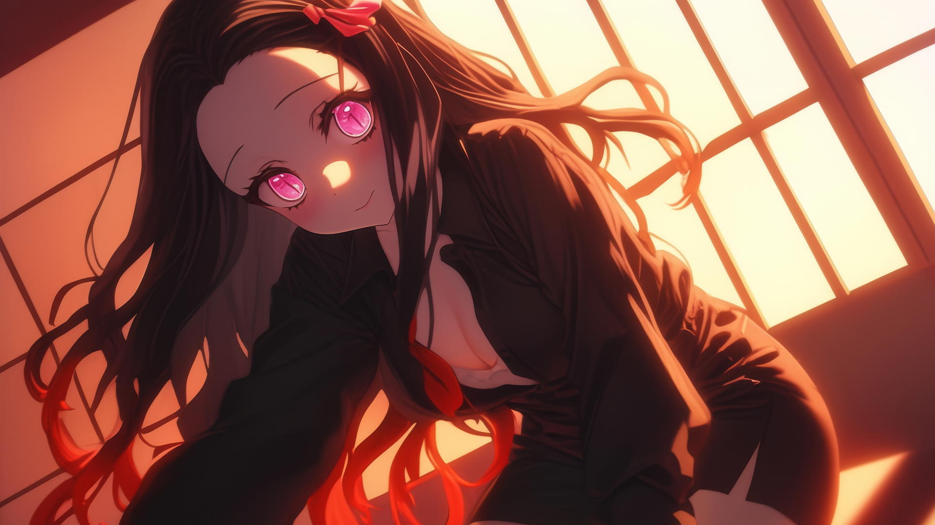 Nezuko from Demon Slayer kneeling in office shirt in a modern hotel room
