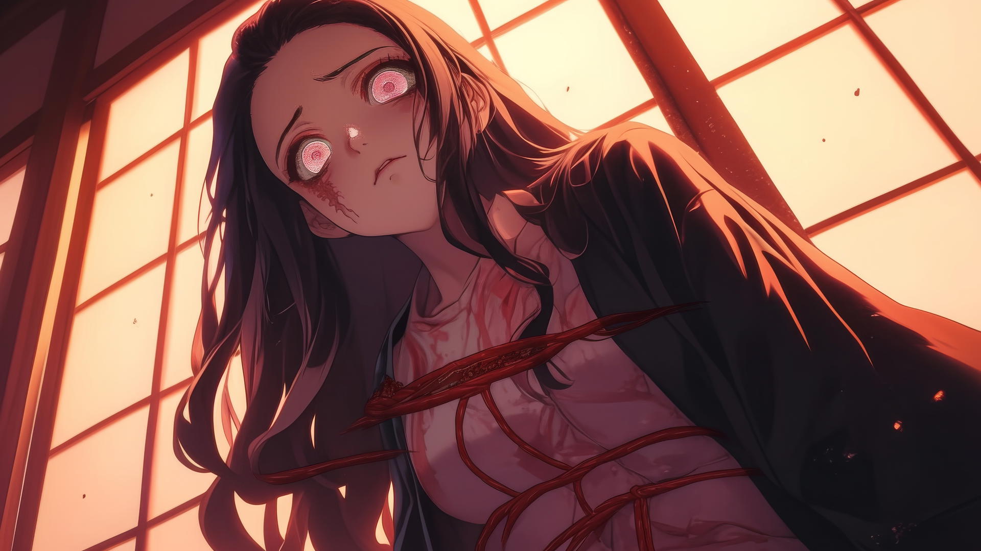 demon slayer wallpaper of Nezuko kneeling in modern hotel room with warm glow