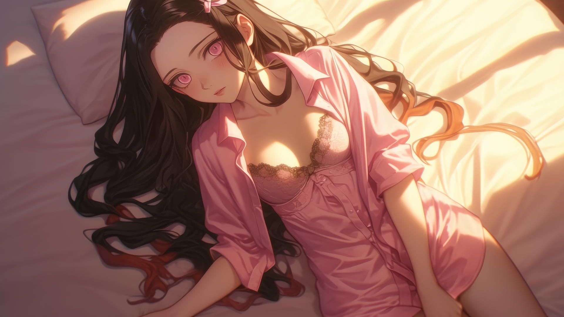 Demon Slayer wallpaper: Nezuko in modern hotel room with warm light