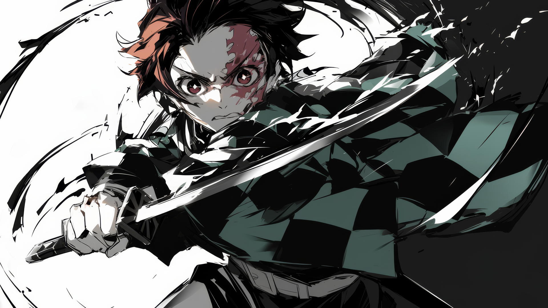 demon slayer tanjiro wallpaper 4k, black-and-white sketch of Tanjiro in battle