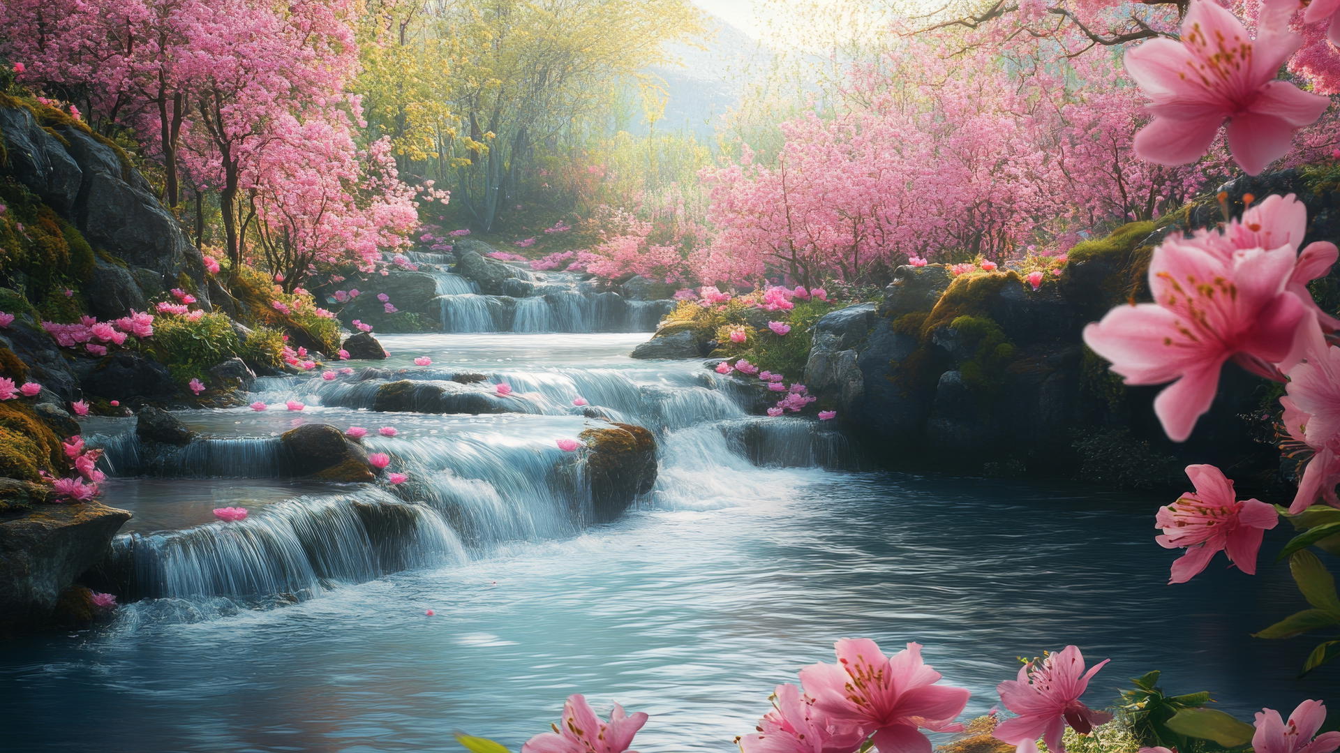 tranquil spring wallpaper with a flowing river and colorful blooming plants