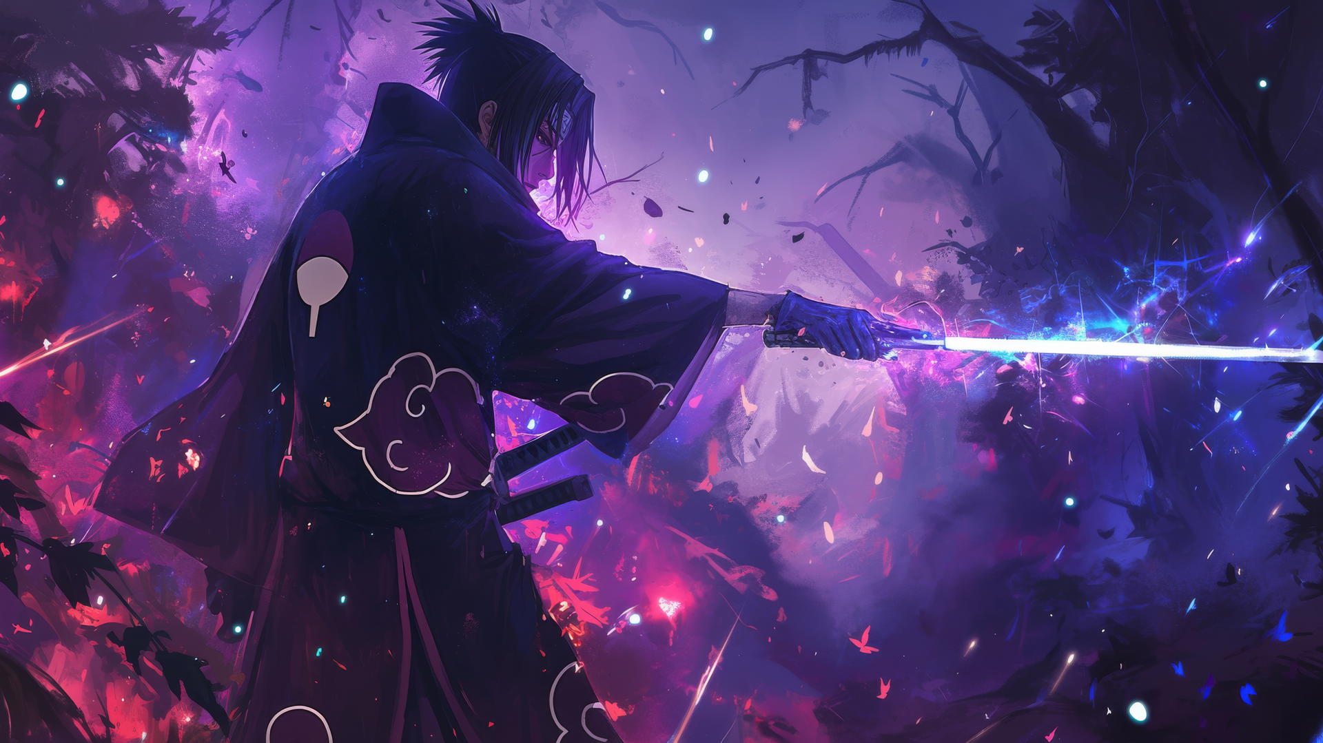 Itachi Uchiha wielding enchanted sword in dark forest with fireflies