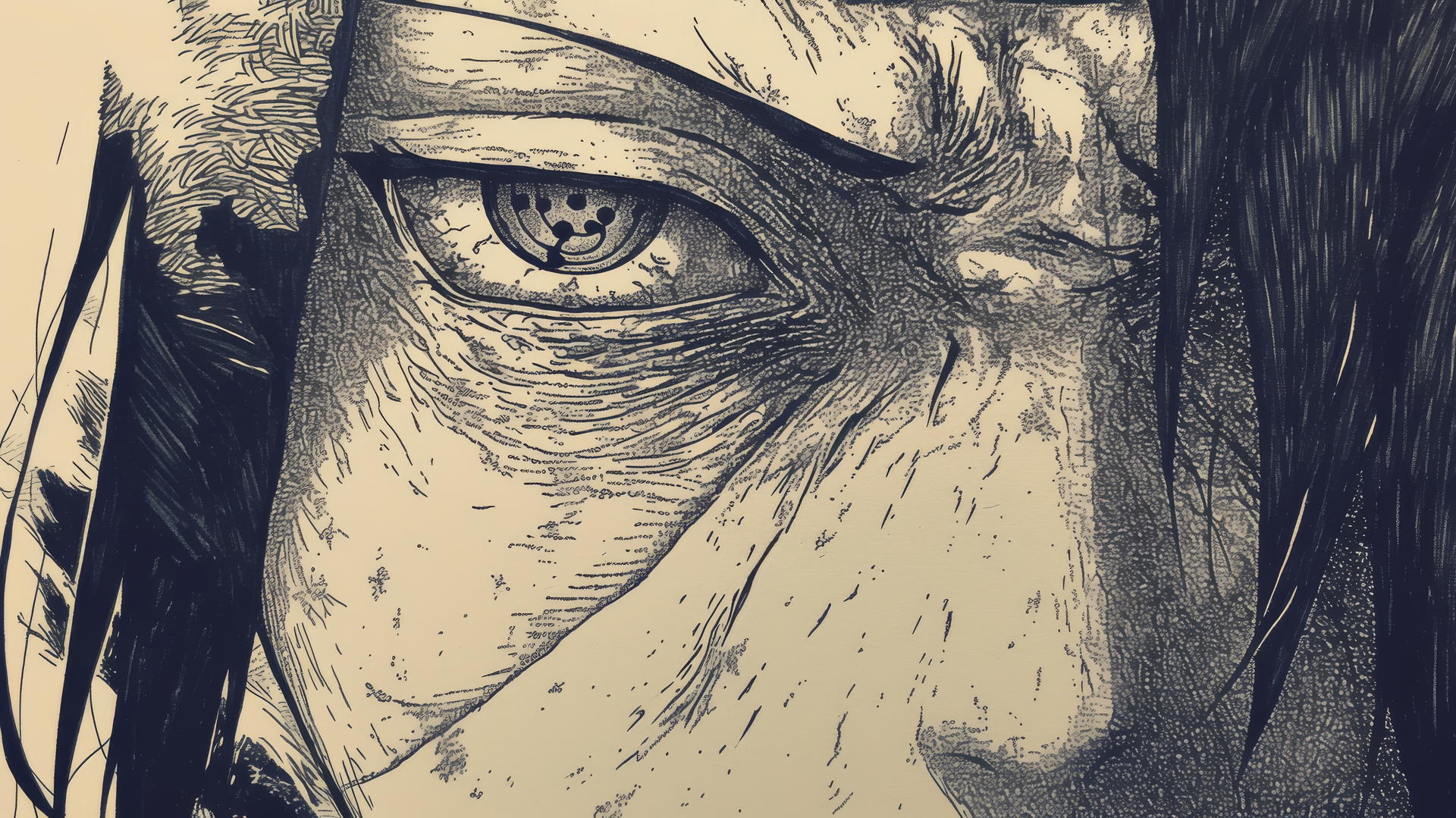 itachi uchiha drawing in pointillism with intricate details