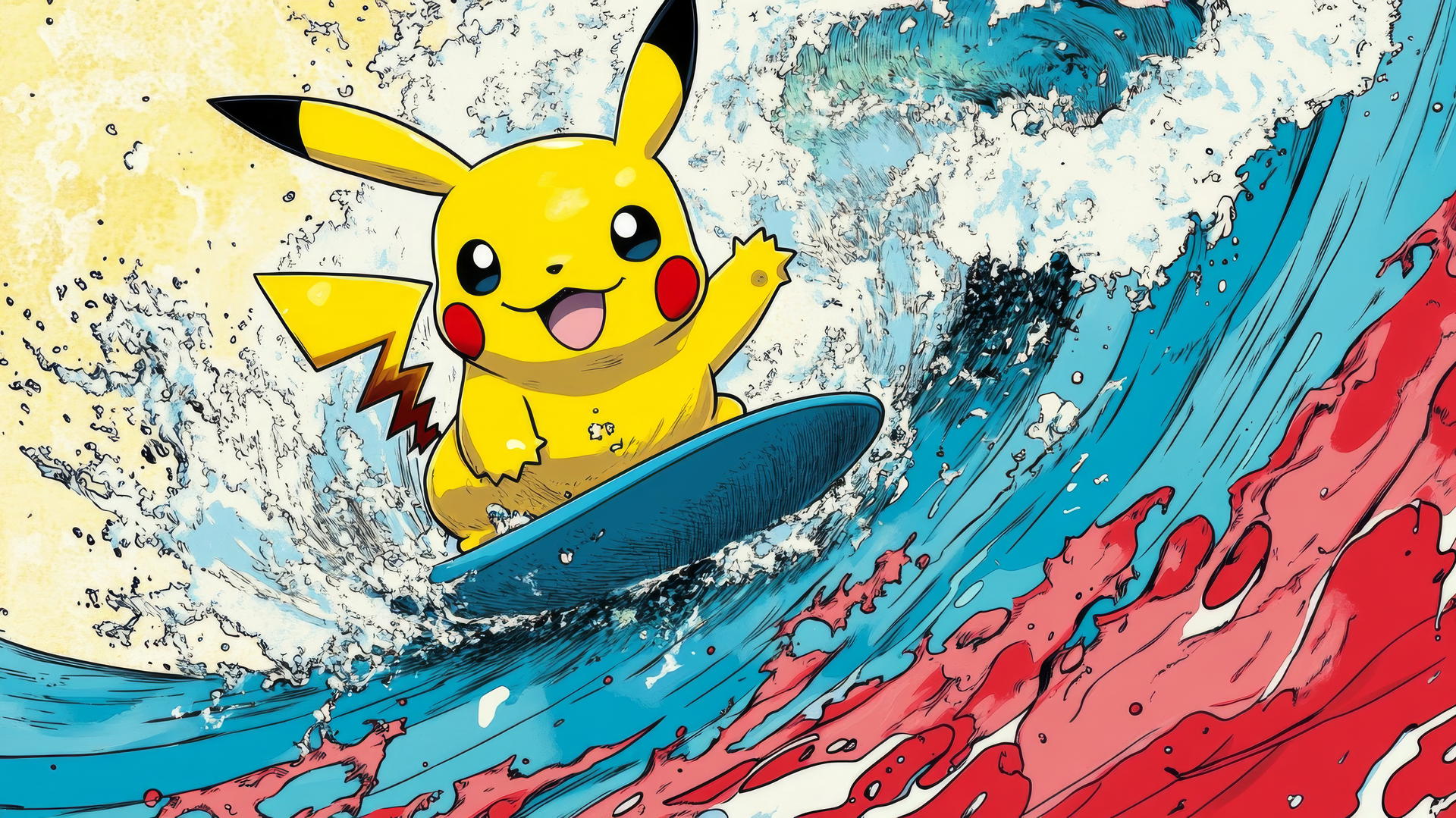 Surfing Pikachu in a comic strip panel with bold colors and excitement