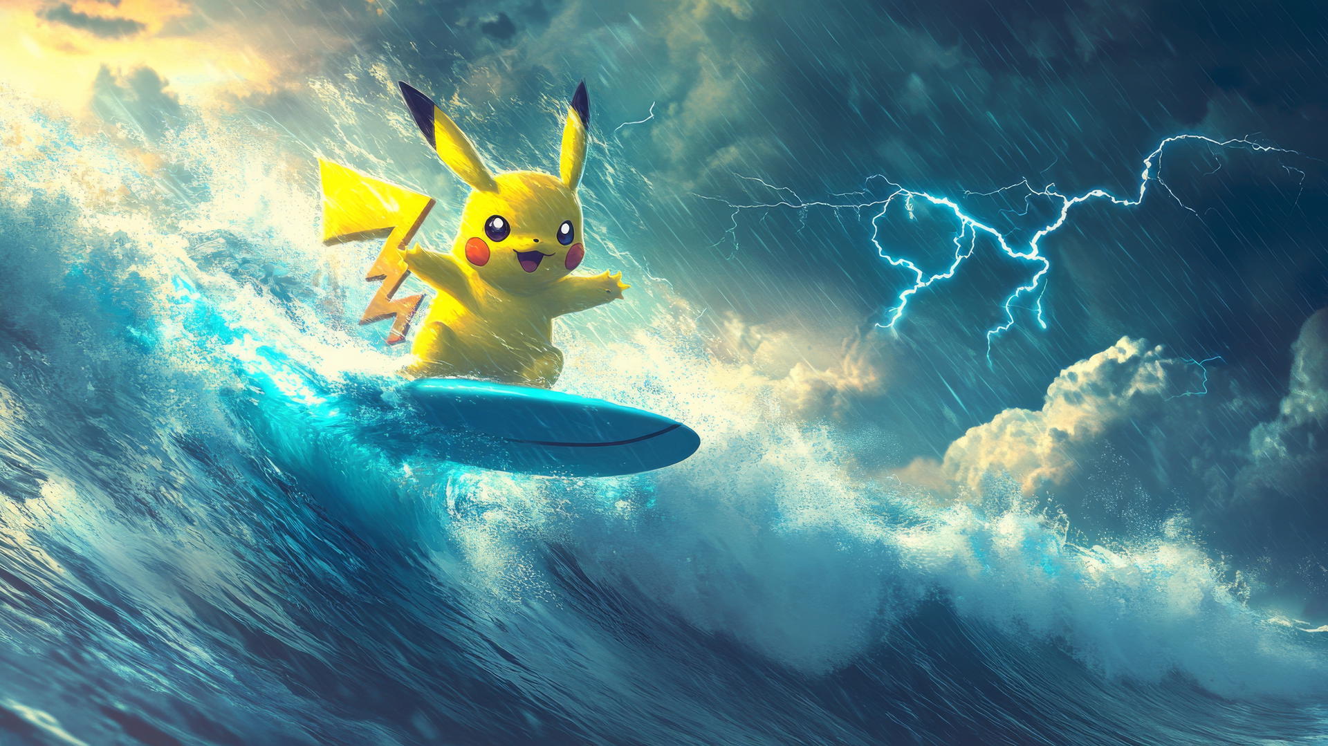 Pikachu surfing on lightning waves under stormy skies