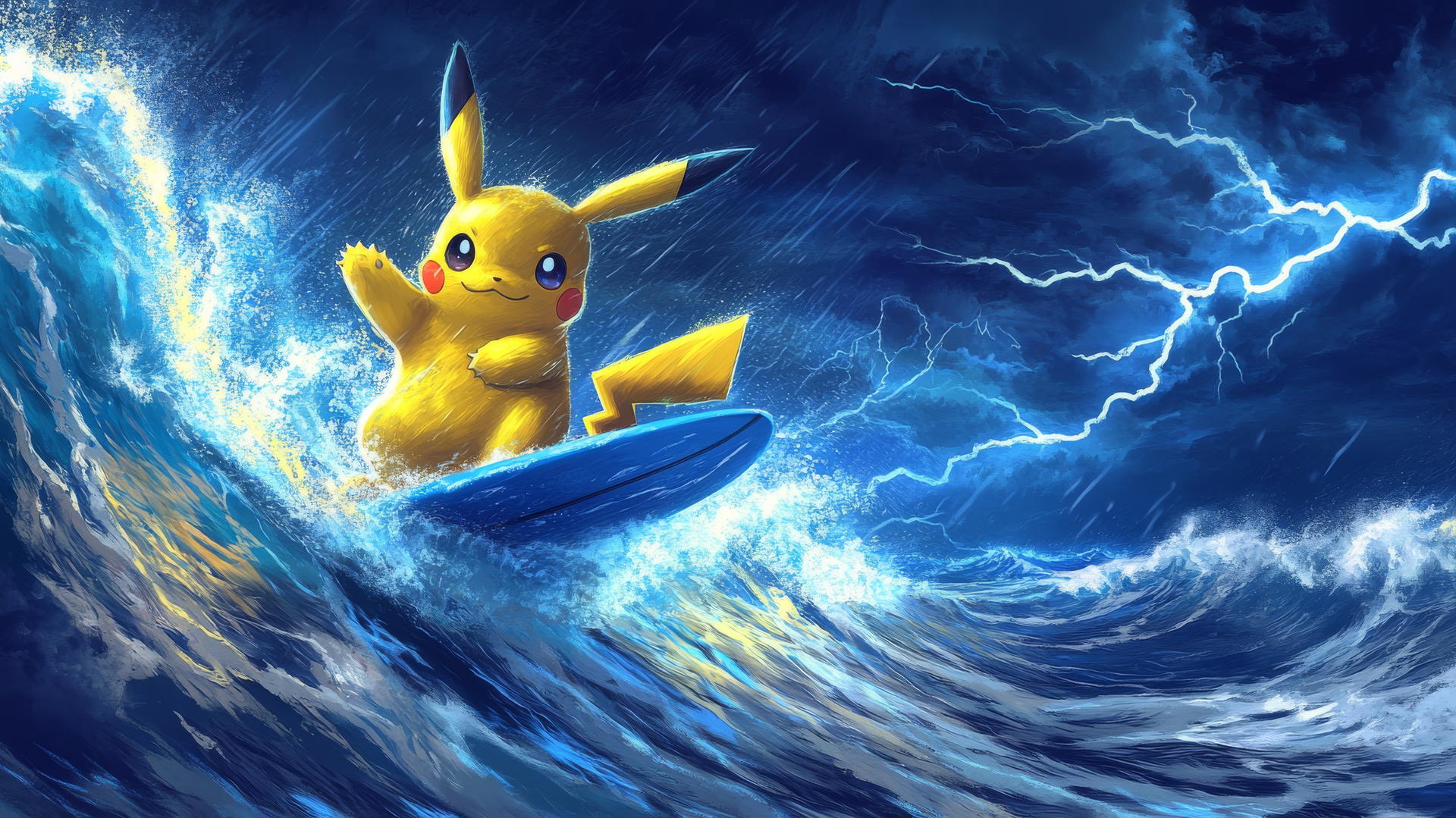 Pikachu surfing on lightning waves under stormy skies