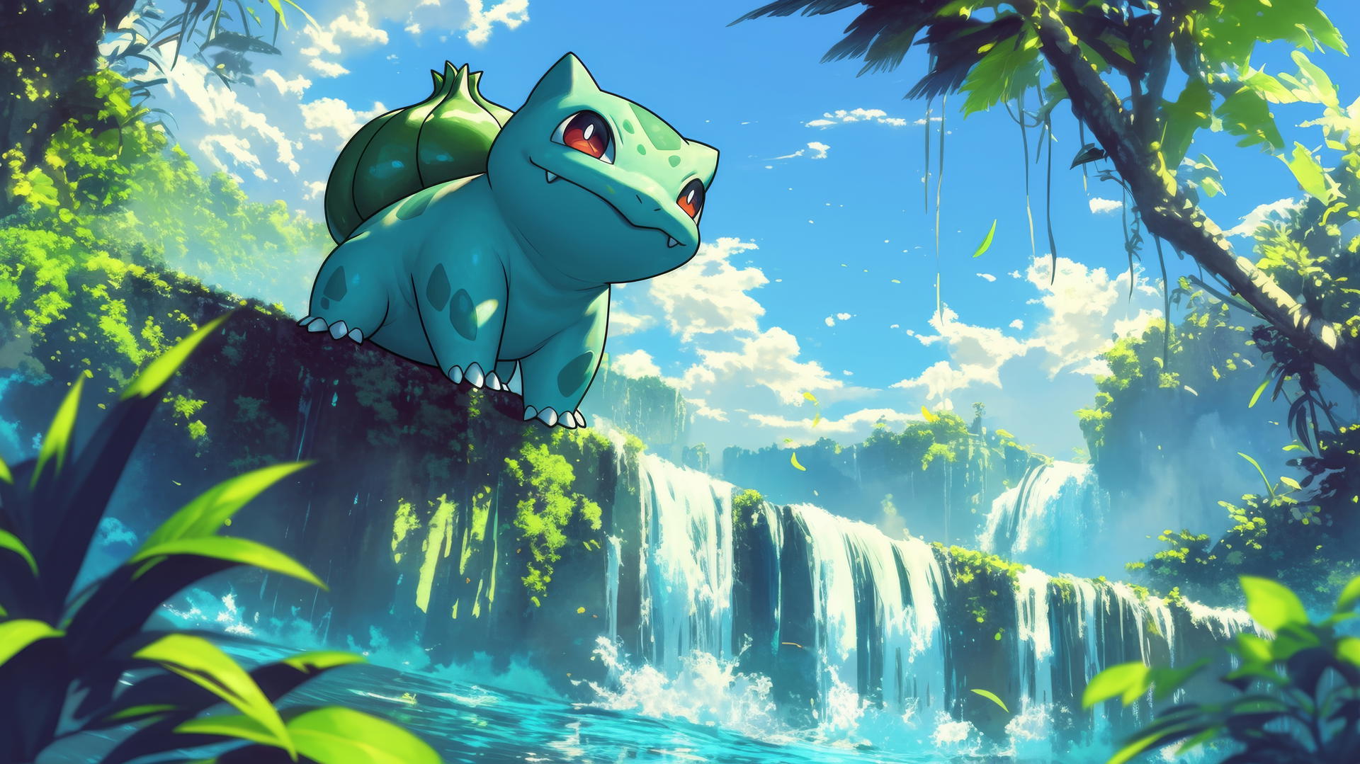pokemon bulbasaur playing in a lush jungle waterfall with sunlight