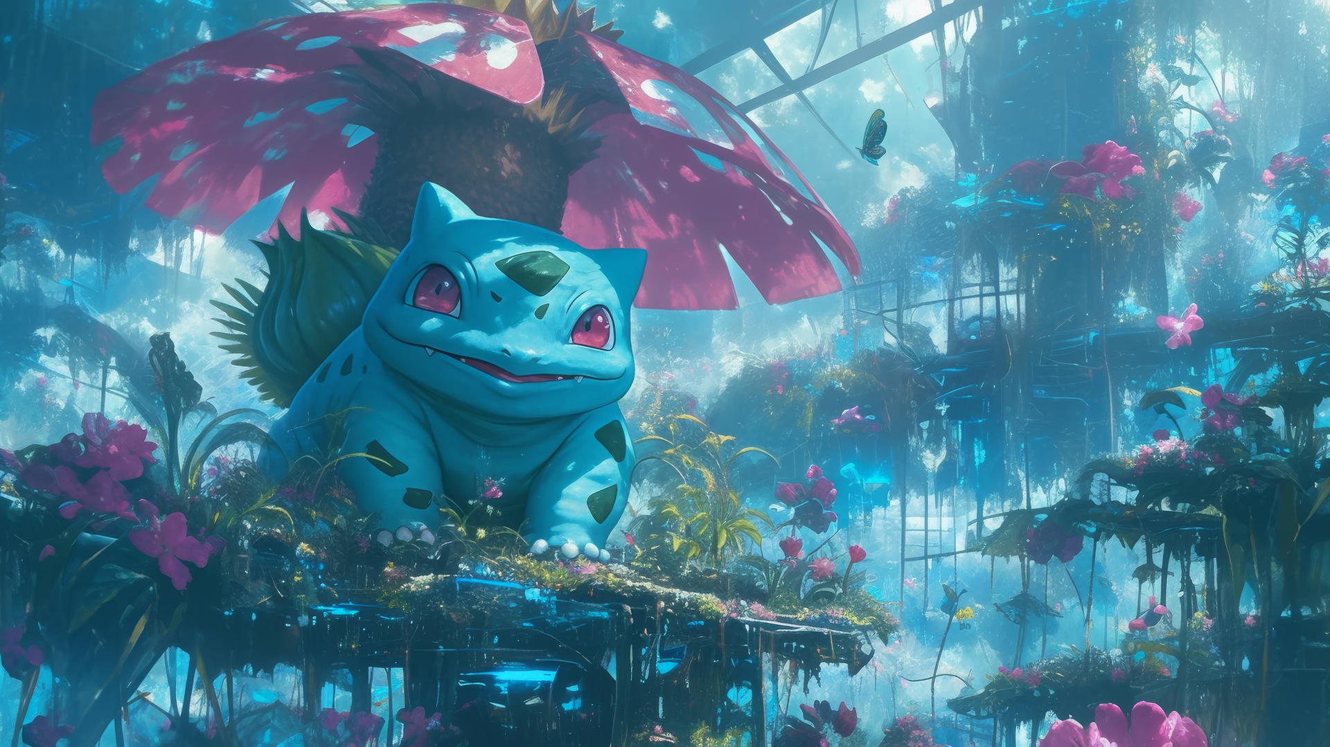 pokemon Bulbasaur in a cybernetic garden with mechanical and organic plants.