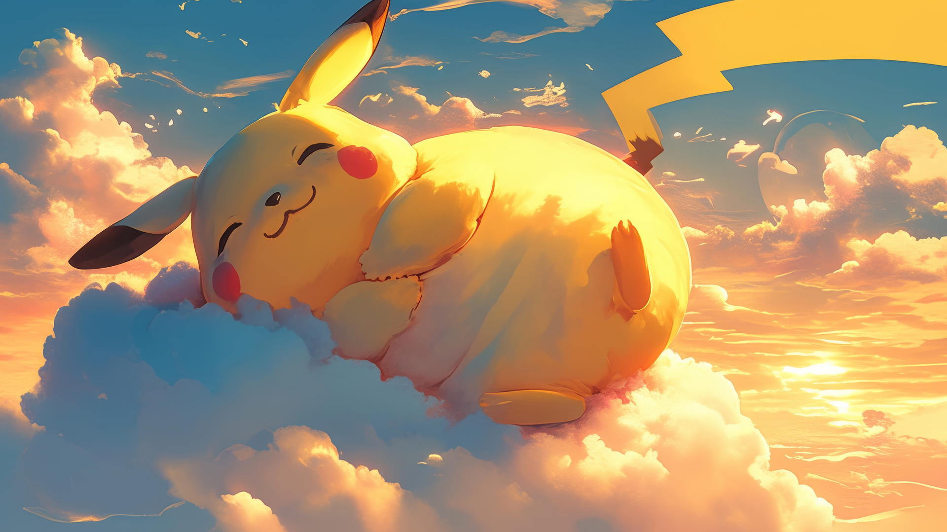 Fat Pikachu lounging on a large, soft cloud with a glowing sunset in the background.
