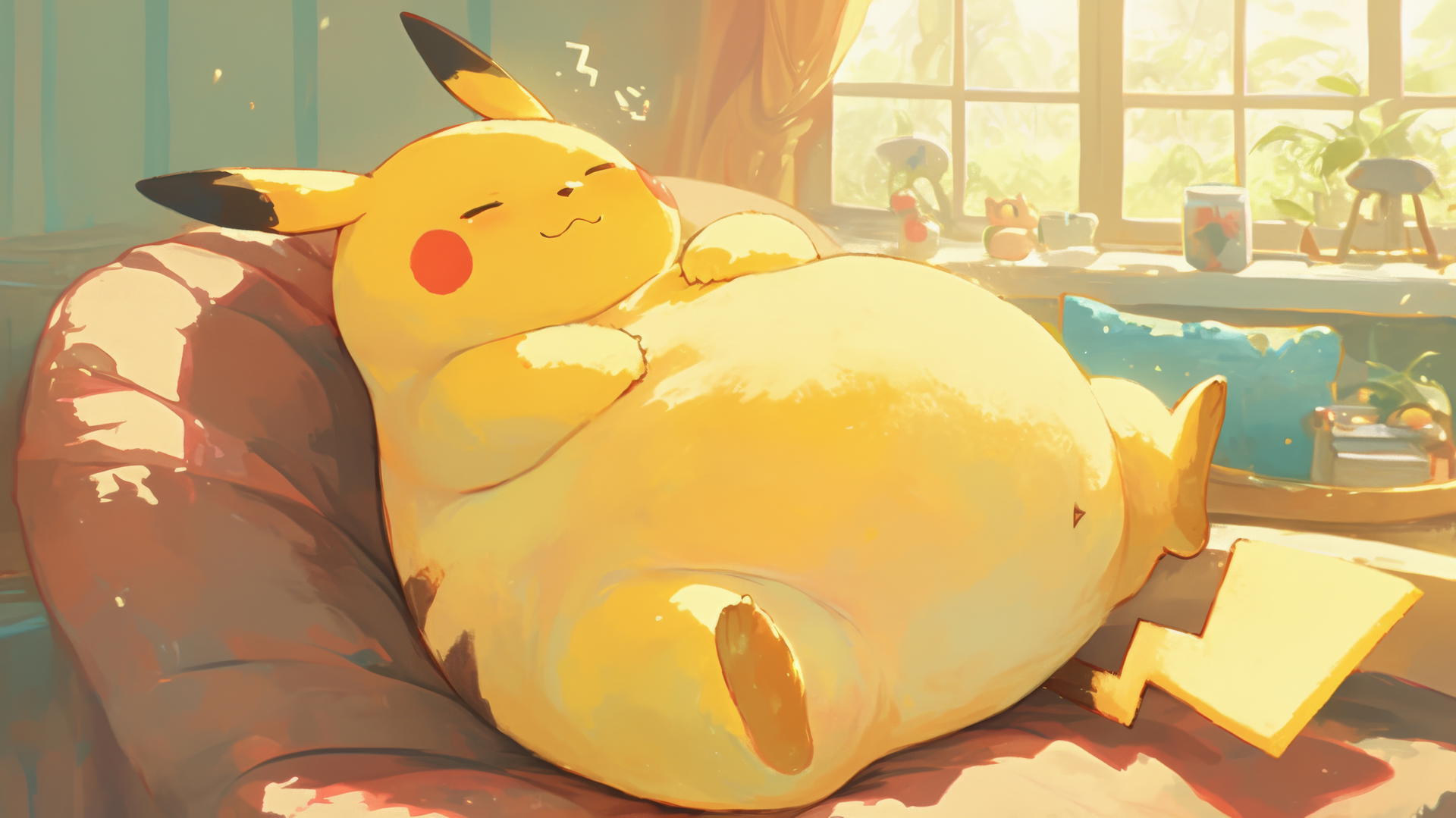 Fat Pikachu relaxing on a giant bean bag with soft lighting