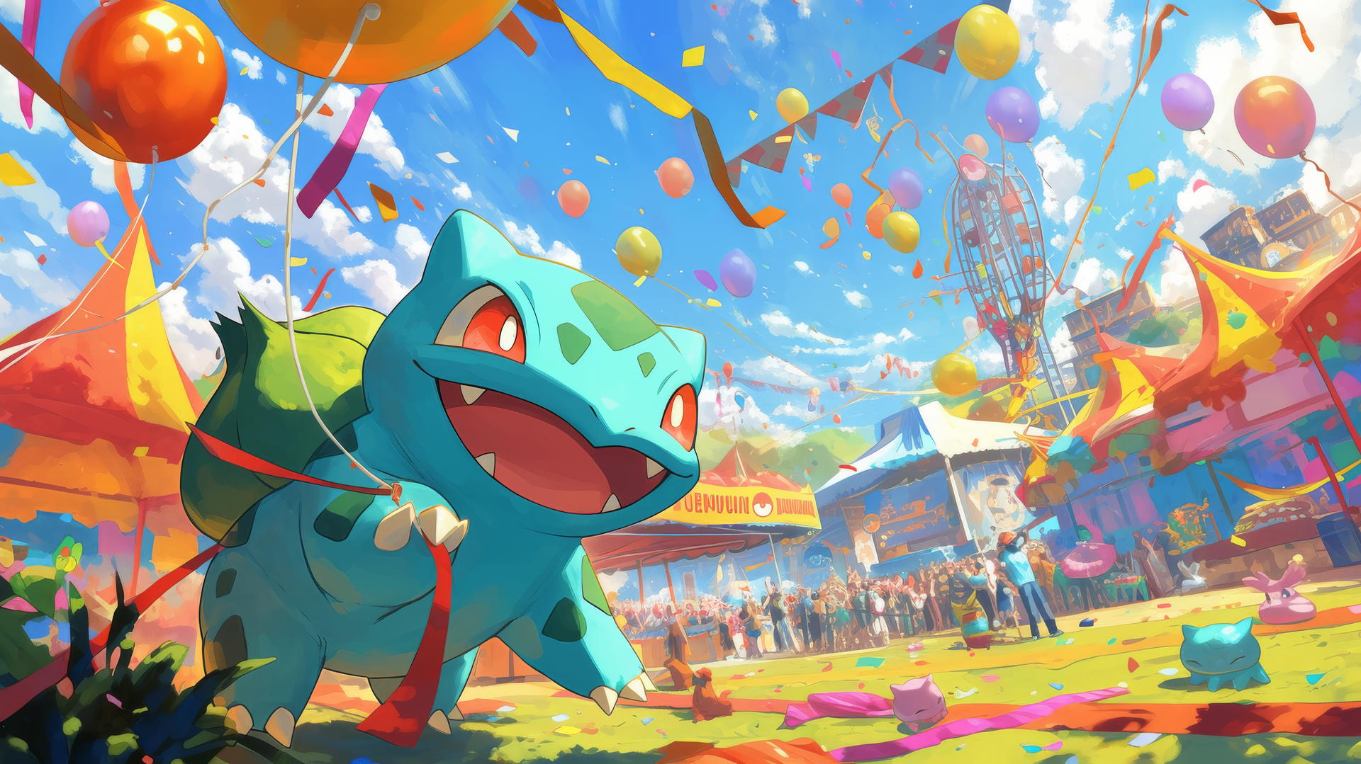 Pokemon Bulbasaur in a vibrant carnival setting with balloons and confetti