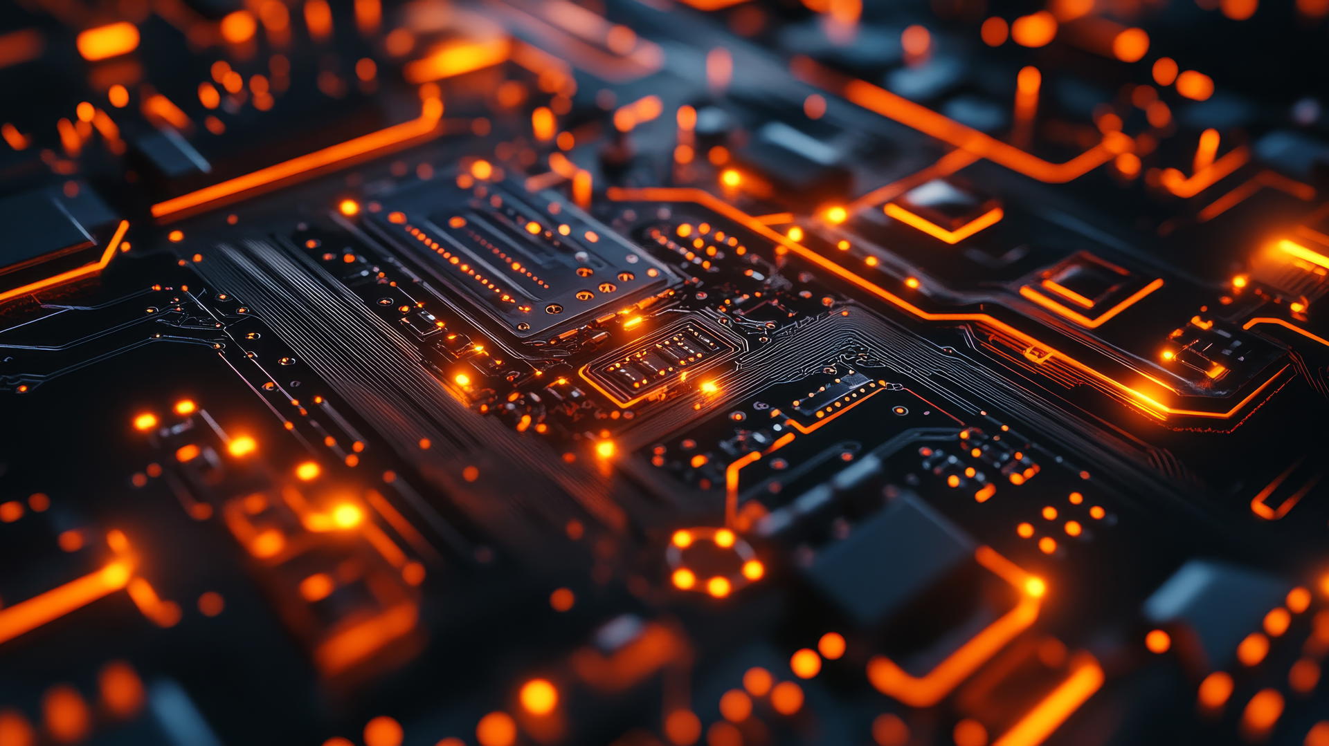 cool wallpapers 4k: detailed close-up of a glowing circuit board with intricate electronic components