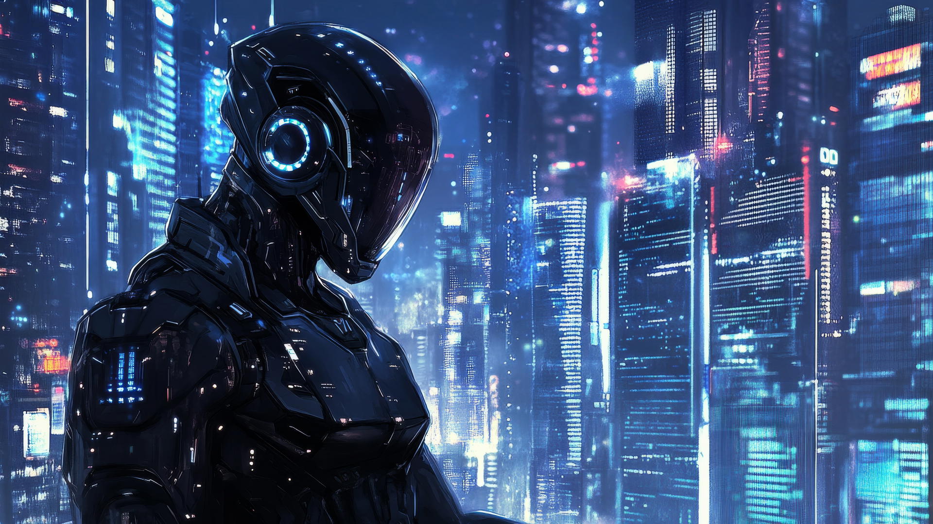 Futuristic robot in high-tech city with LED lights and digital screens, cool wallpapers for boys
