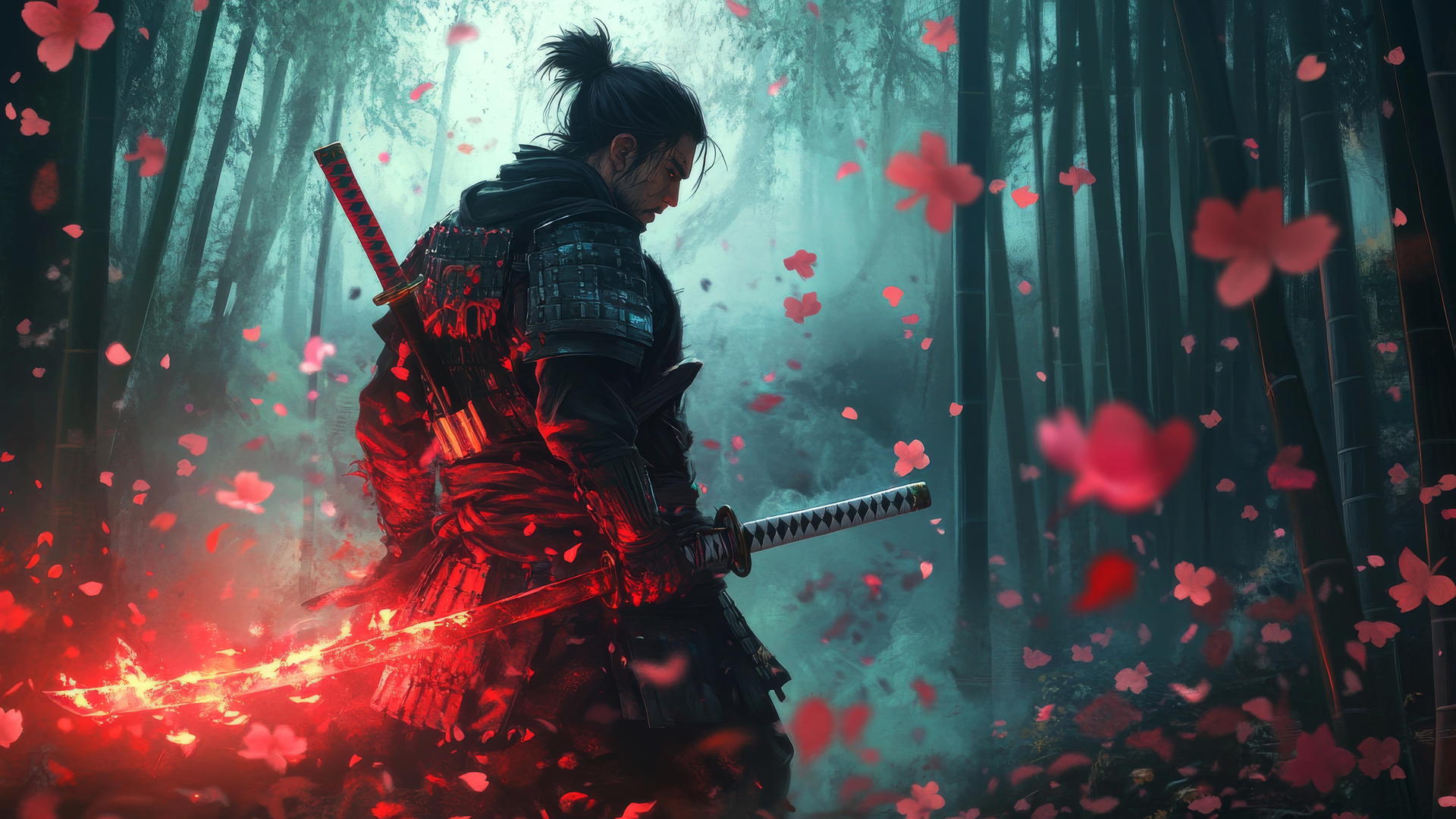 cool wallpapers for boys: fierce samurai in bamboo forest, glowing katana, cherry blossoms