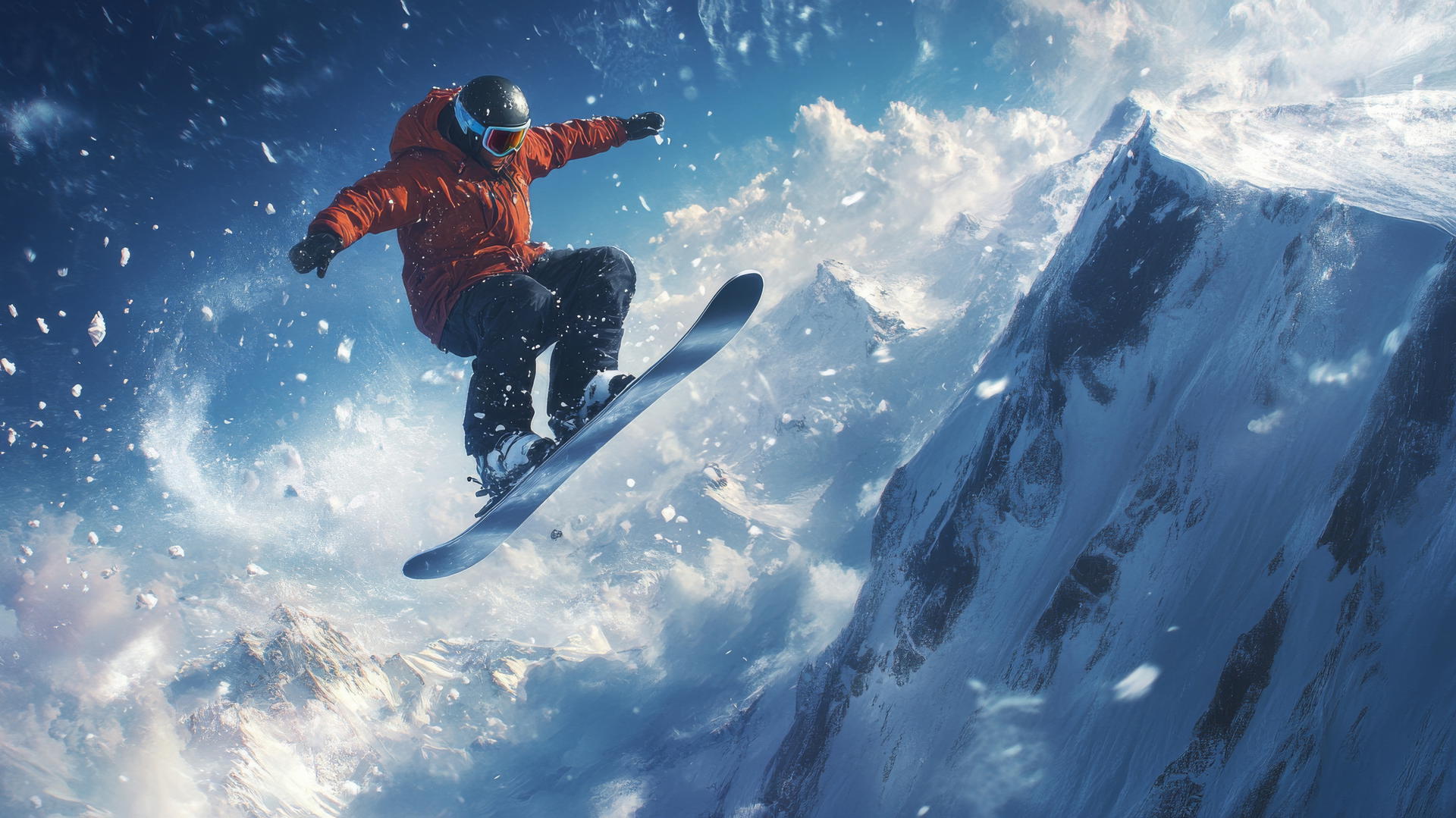 Cool wallpapers for boys: fearless snowboarder jumping off snowy mountain peak