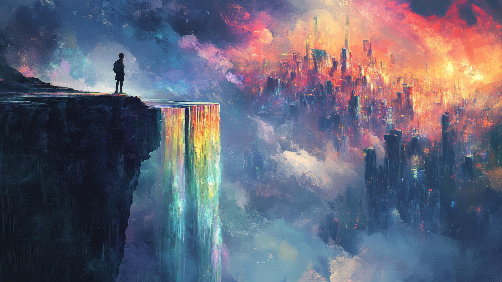 cool wallpapers for boys, boy on edge of massive waterfall flowing into futuristic city